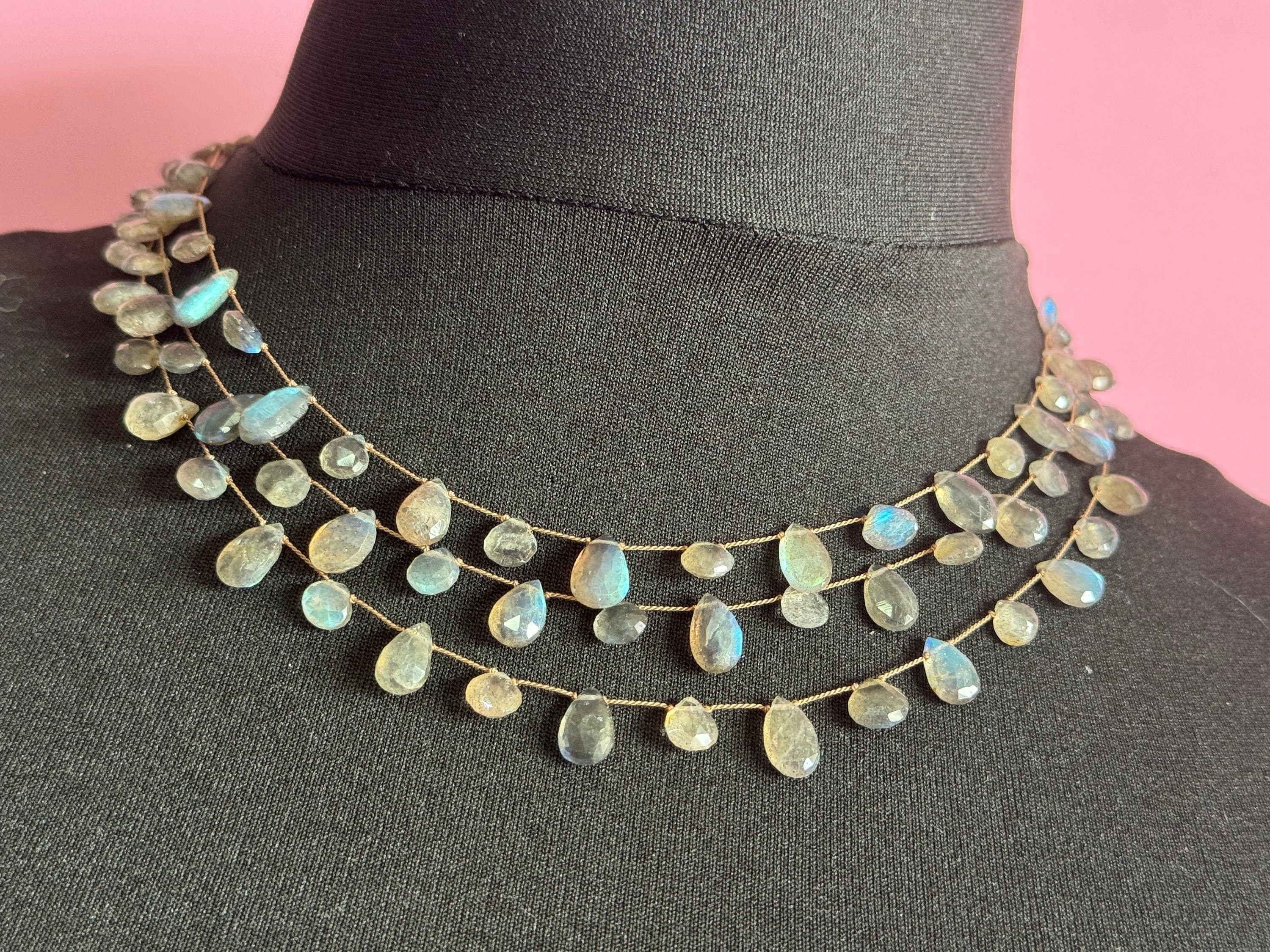 Signed Margo Morrison NYC designer silver and labradorite gemstone triple strand choker necklace