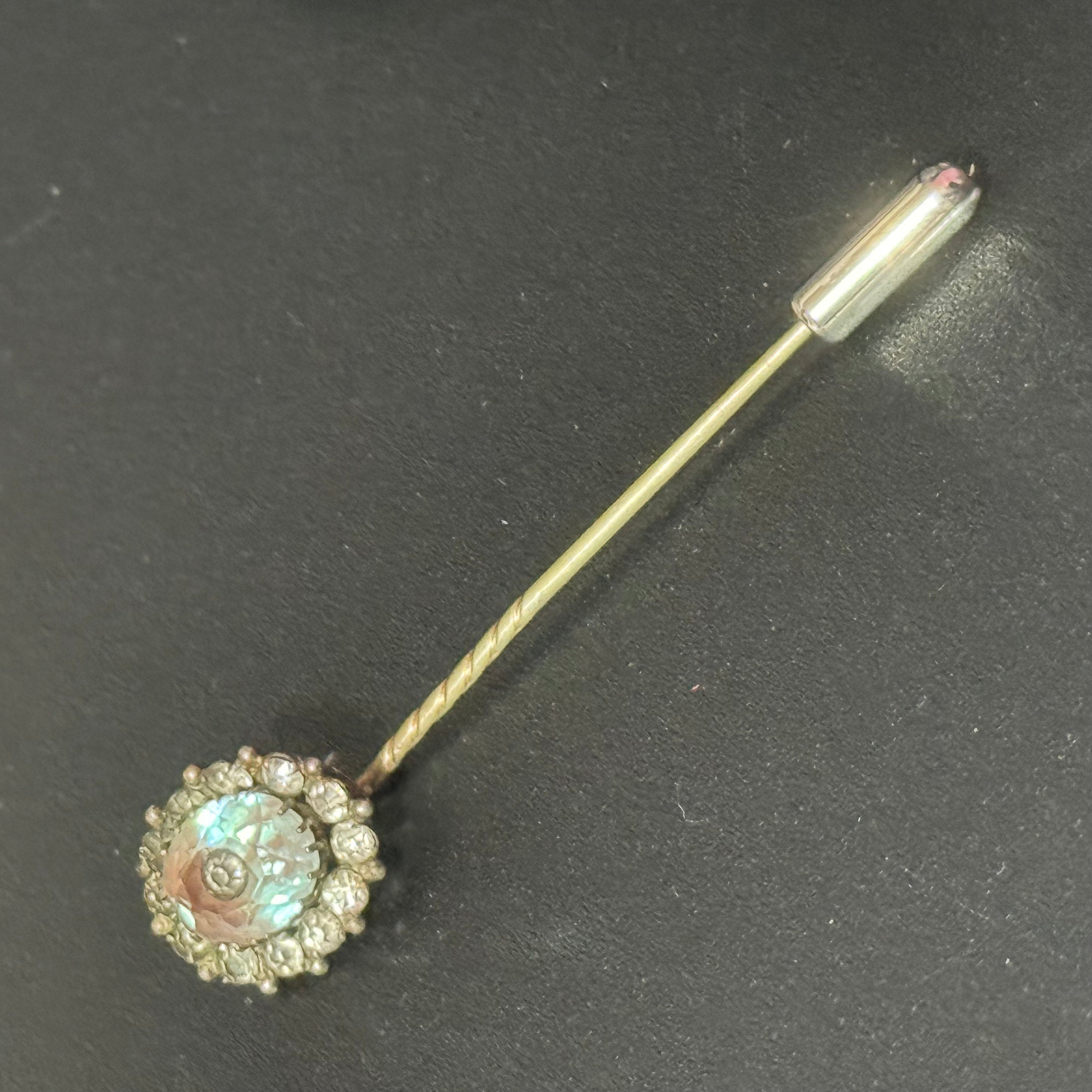 Antique Saphiret Gemstone Stick Pin: Silver & Gold Tone Cravat Pin