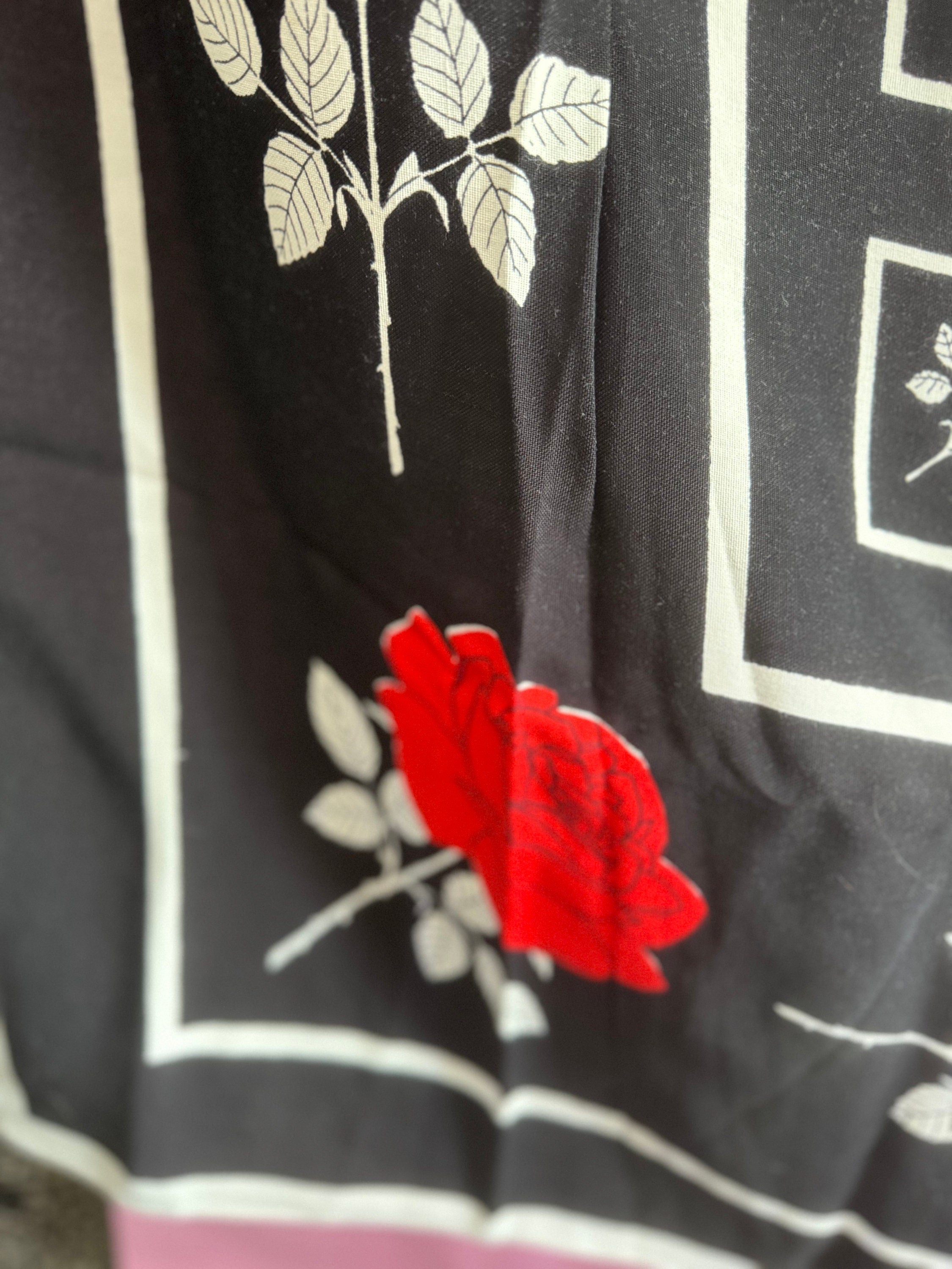 Vintage Floral Tablecloth: Black, White & Red Roses, 4 Napkins (47" Square)