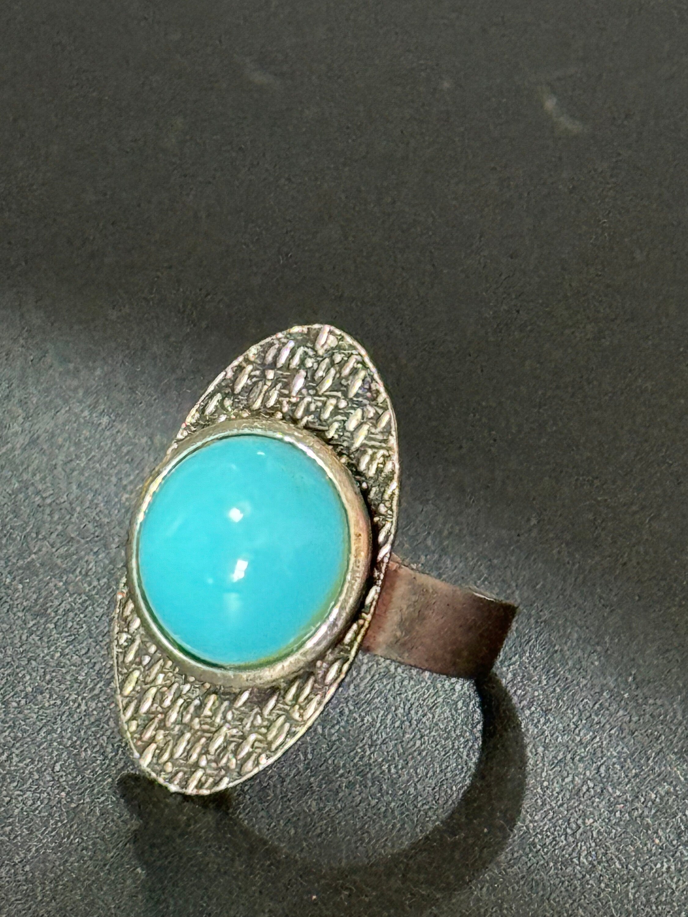 modernist stainless steel adjustable ring with central turquoise cabochon 1970s vintage