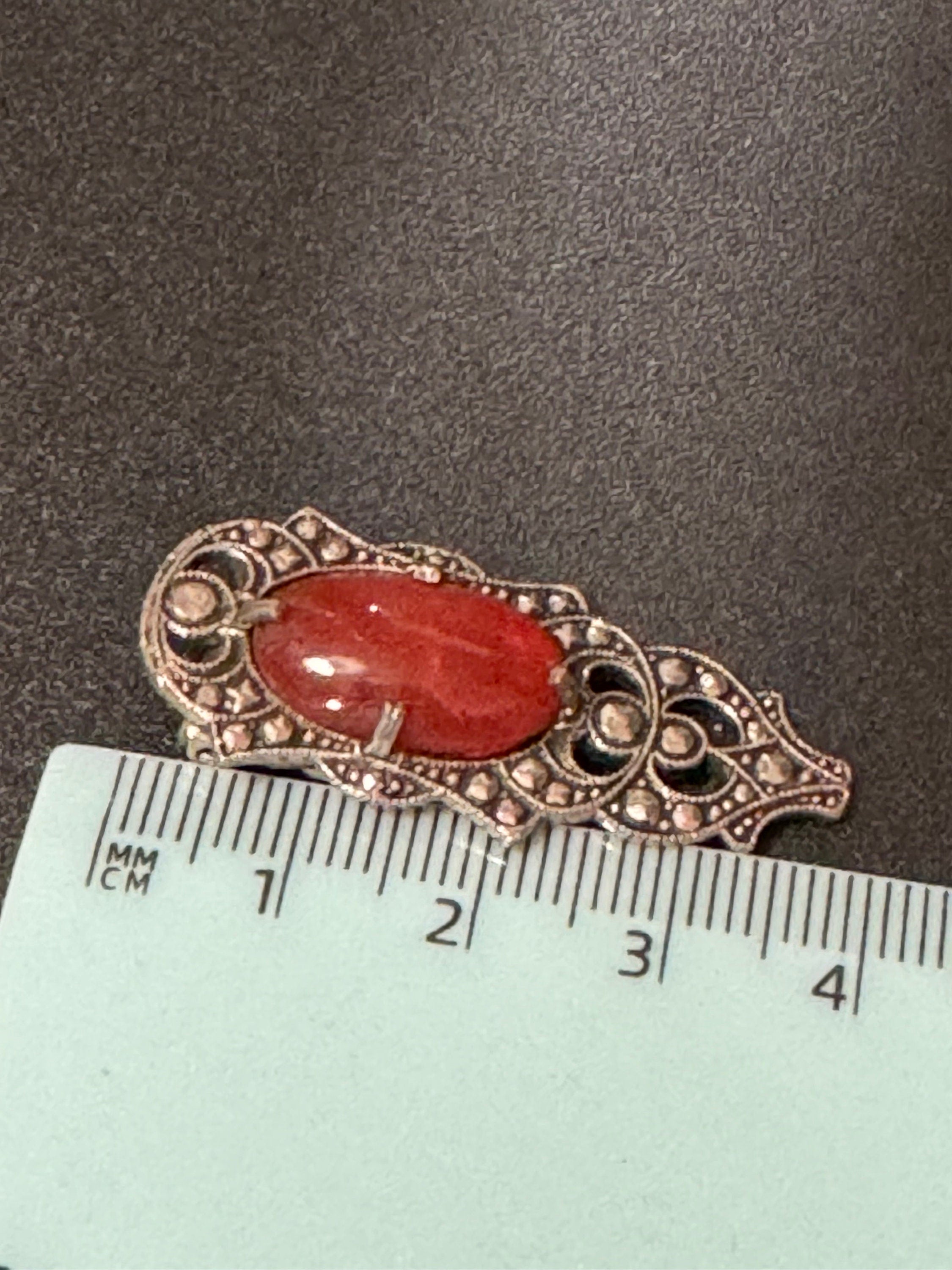 1 x Art Deco Chrome carnelian cabochon and marcasite rhinestone Dress Clip