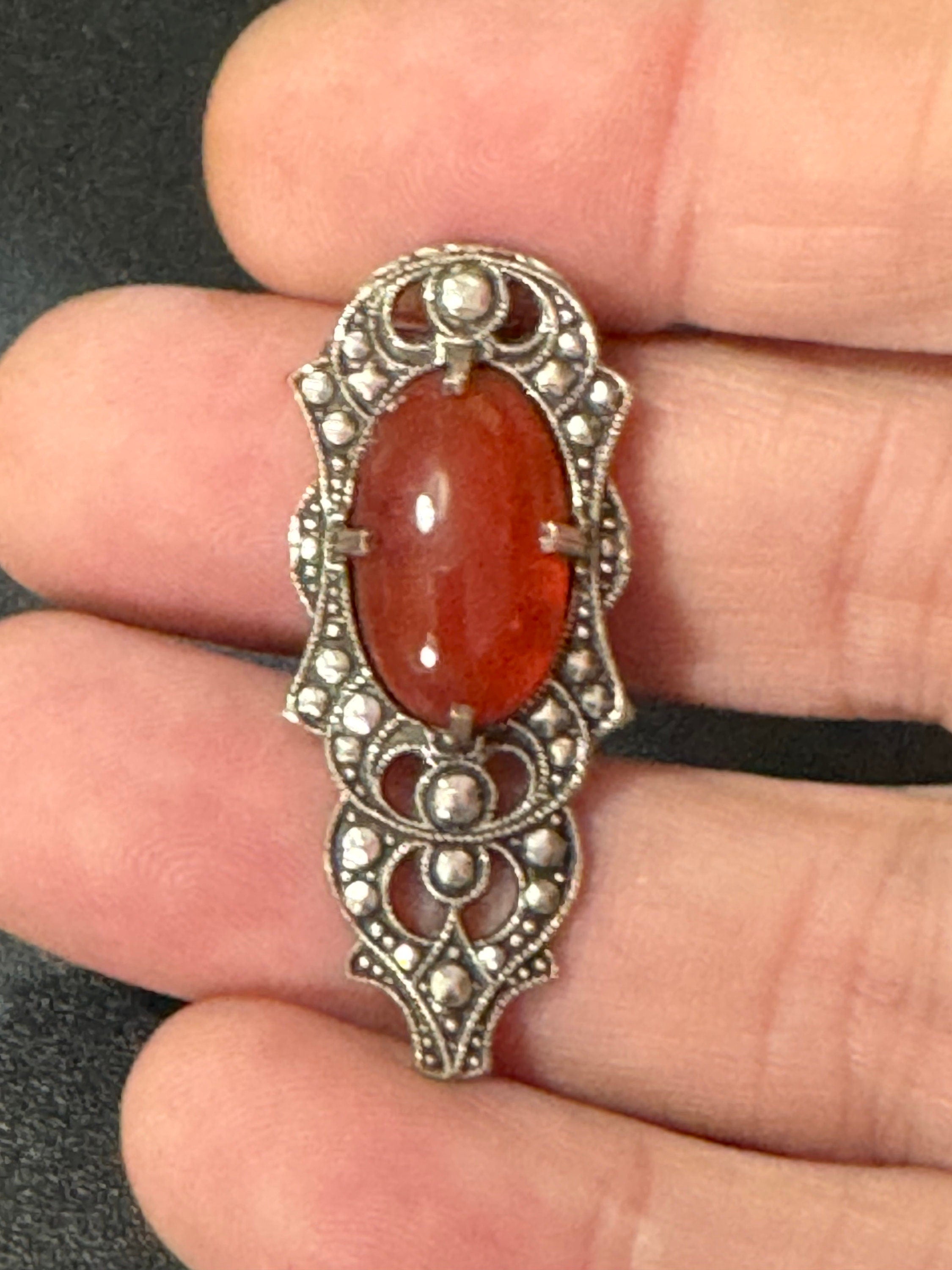1 x Art Deco Chrome carnelian cabochon and marcasite rhinestone Dress Clip