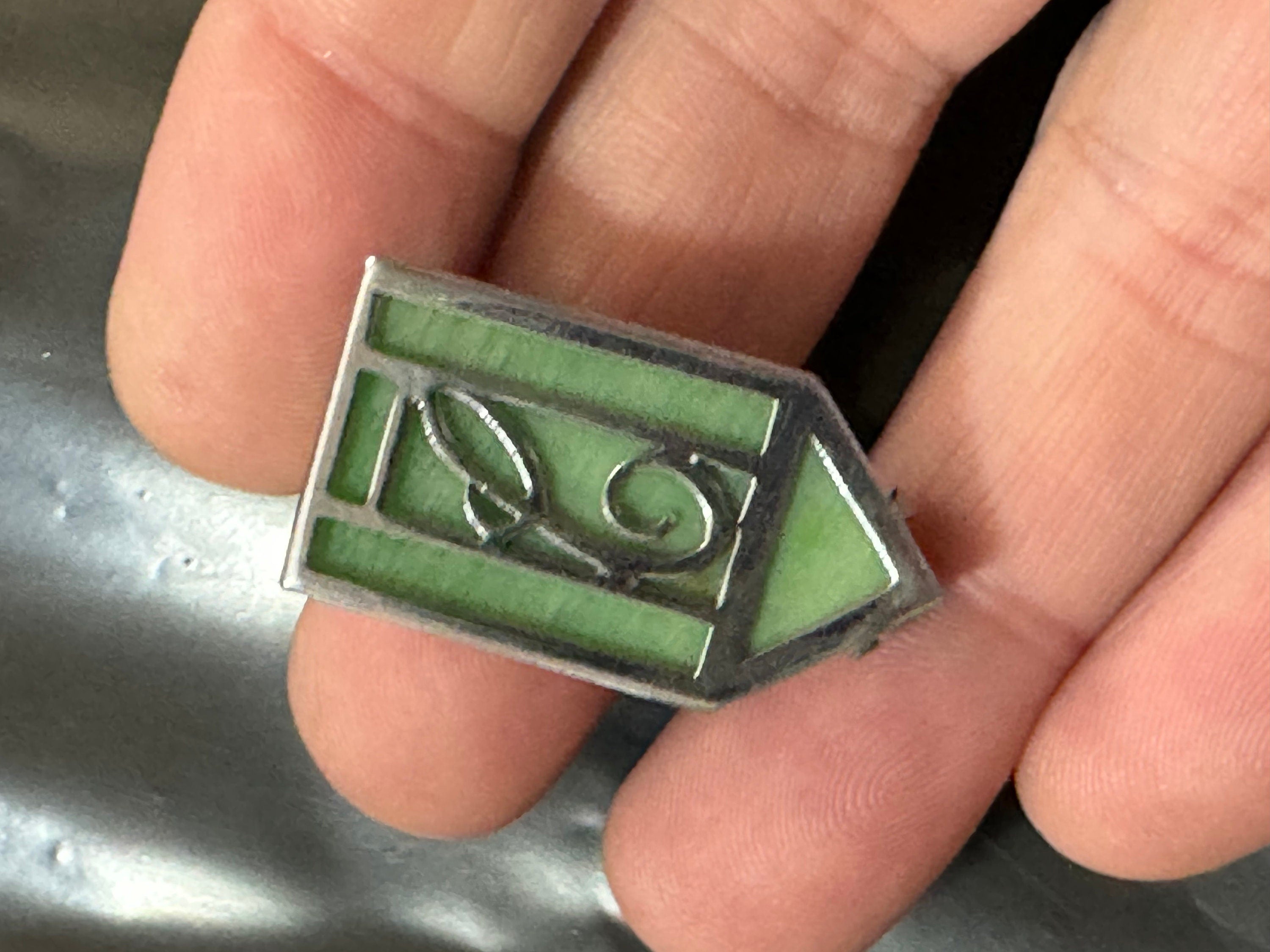 Monogram C Art Deco Light Green pressed and chrome glass ladies Dress Clip