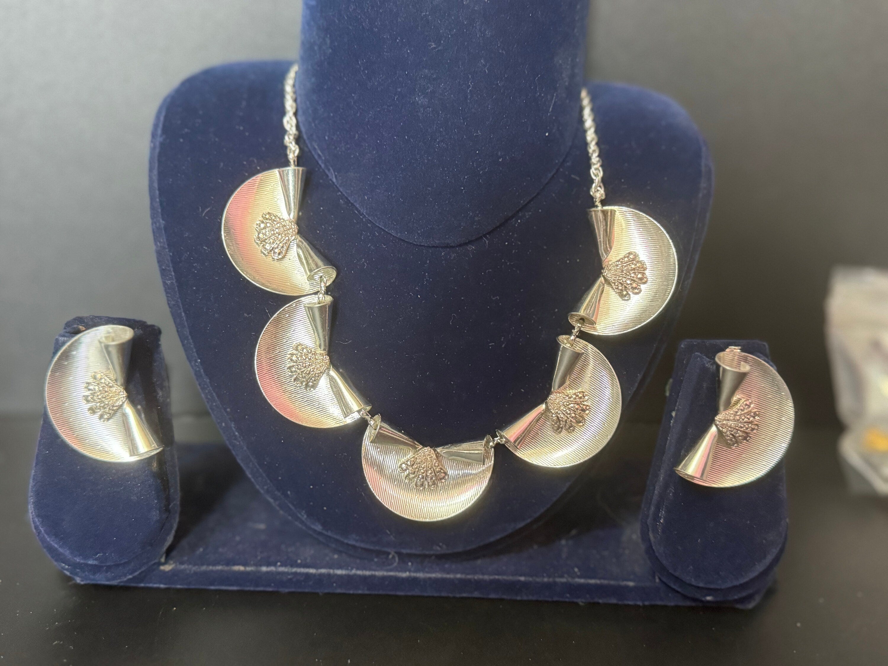 True vintage signed KIGU of London marcasite necklace & oversized fan Clip on earrings rhodium plated old shop stock from 1950s Marquetta