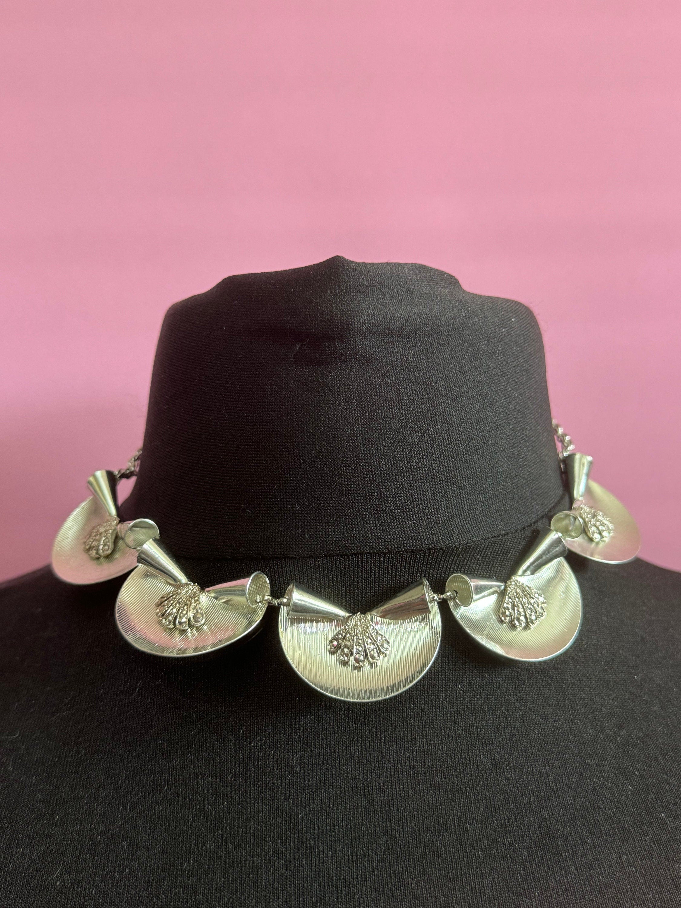 True vintage signed KIGU of London marcasite necklace & oversized fan Clip on earrings rhodium plated old shop stock from 1950s Marquetta