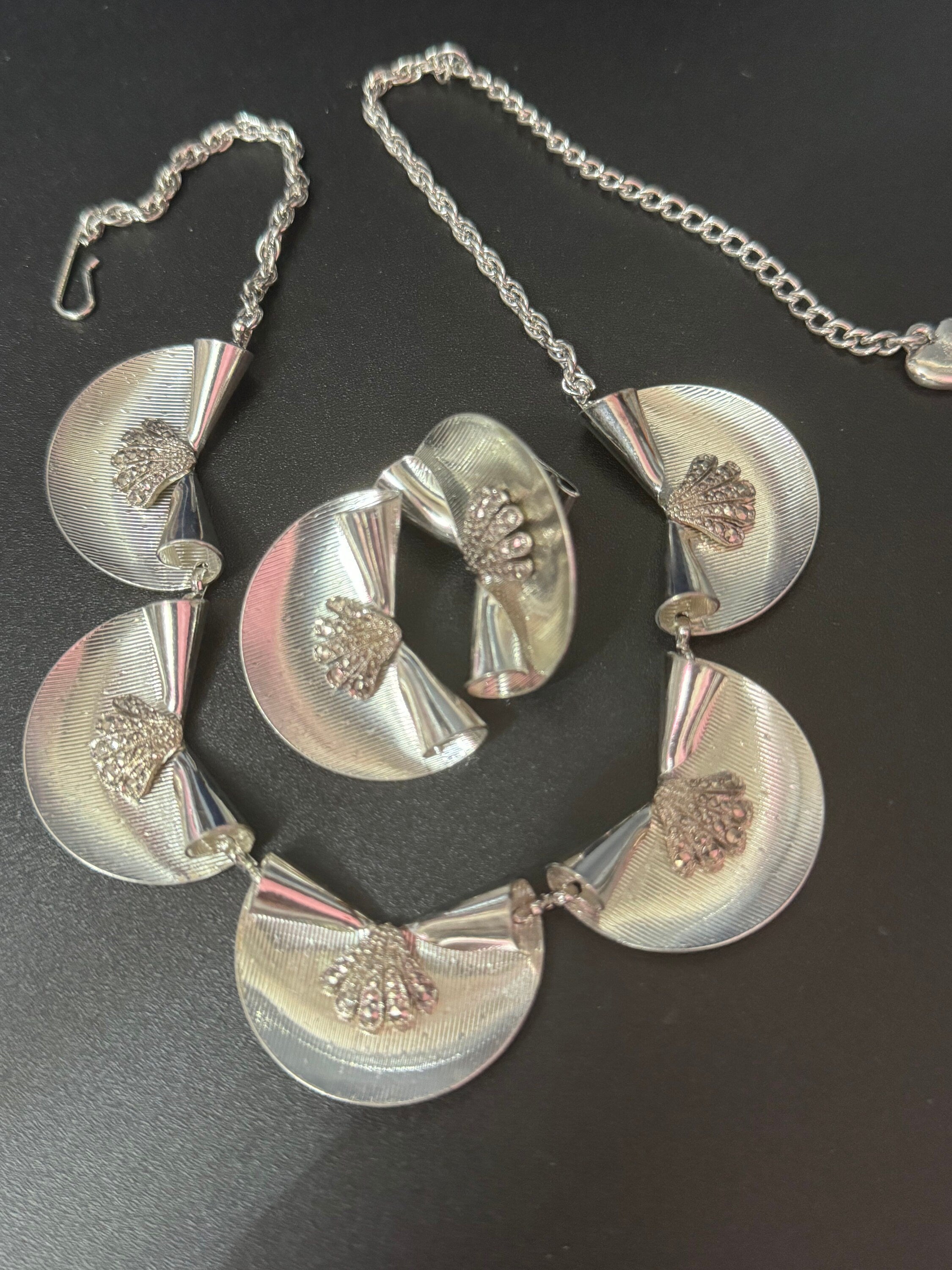 True vintage signed KIGU of London marcasite necklace & oversized fan Clip on earrings rhodium plated old shop stock from 1950s Marquetta