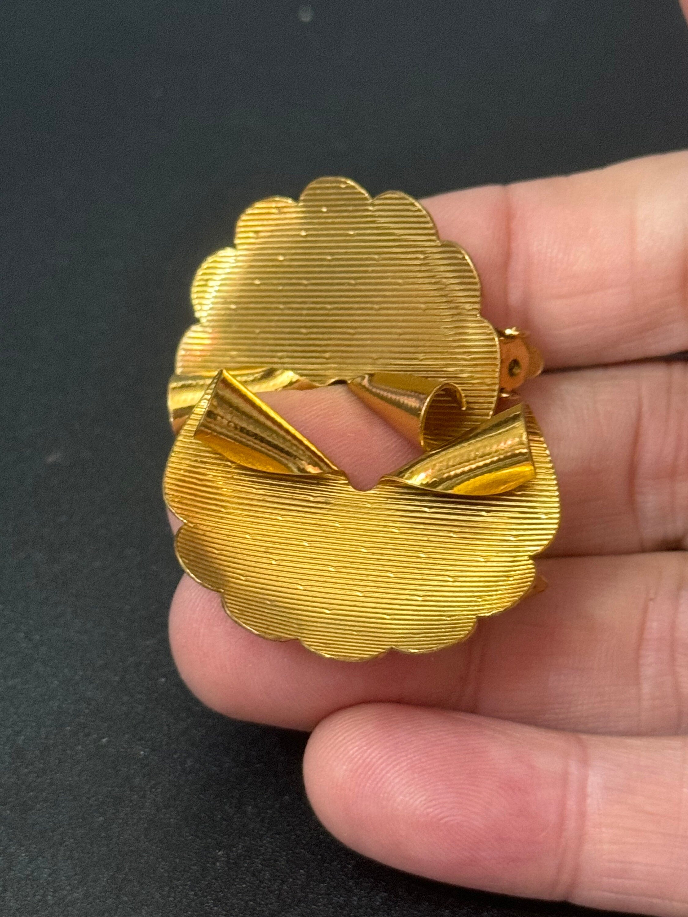 True vintage signed KIGU of London Scalloped oversized fan Clip on earrings 22ct gold plated old shop stock from 1950s
