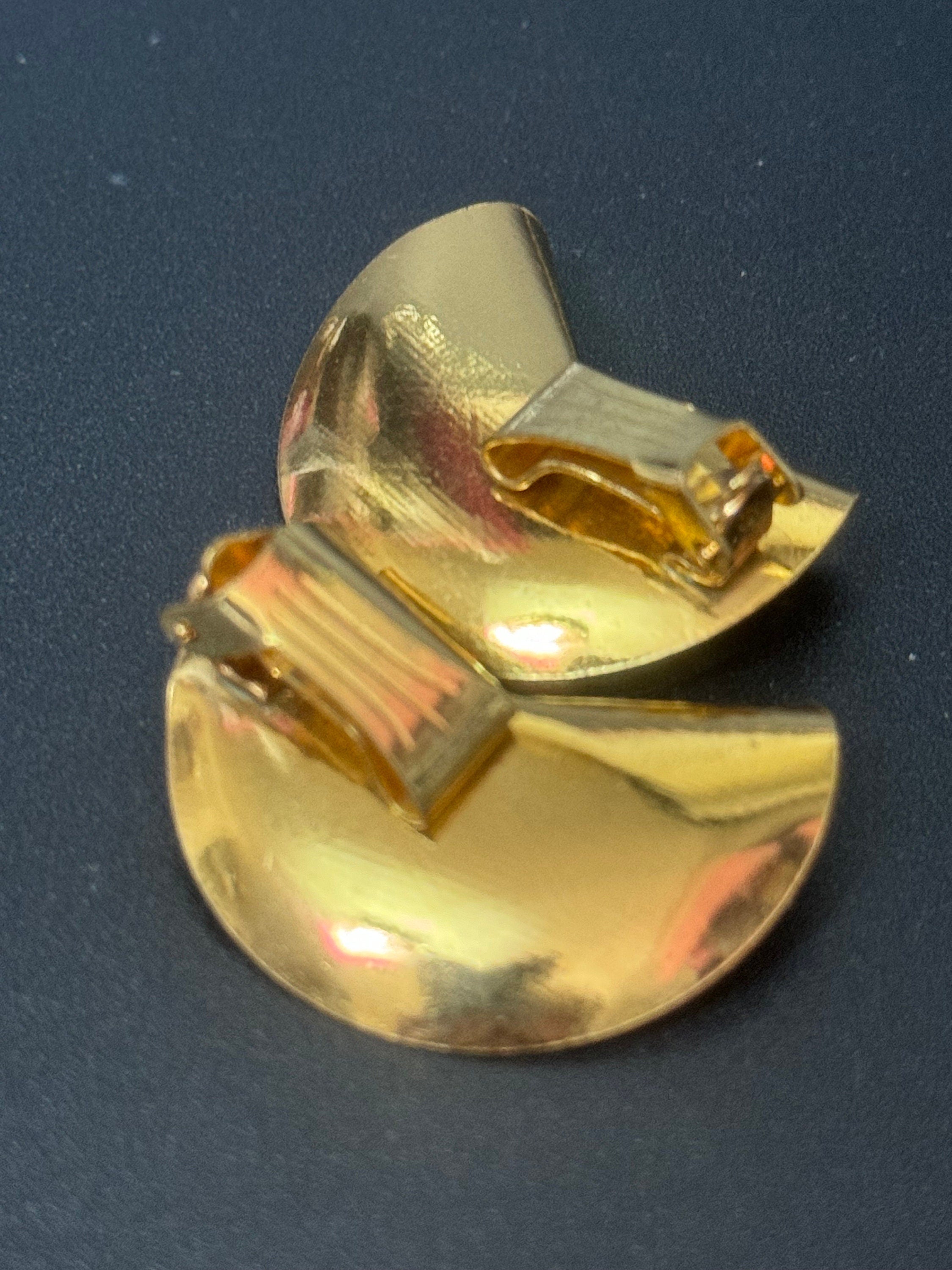 True vintage signed KIGU of London diamond etched oversized fan Clip on earrings 22ct gold plated old shop stock from 1950s