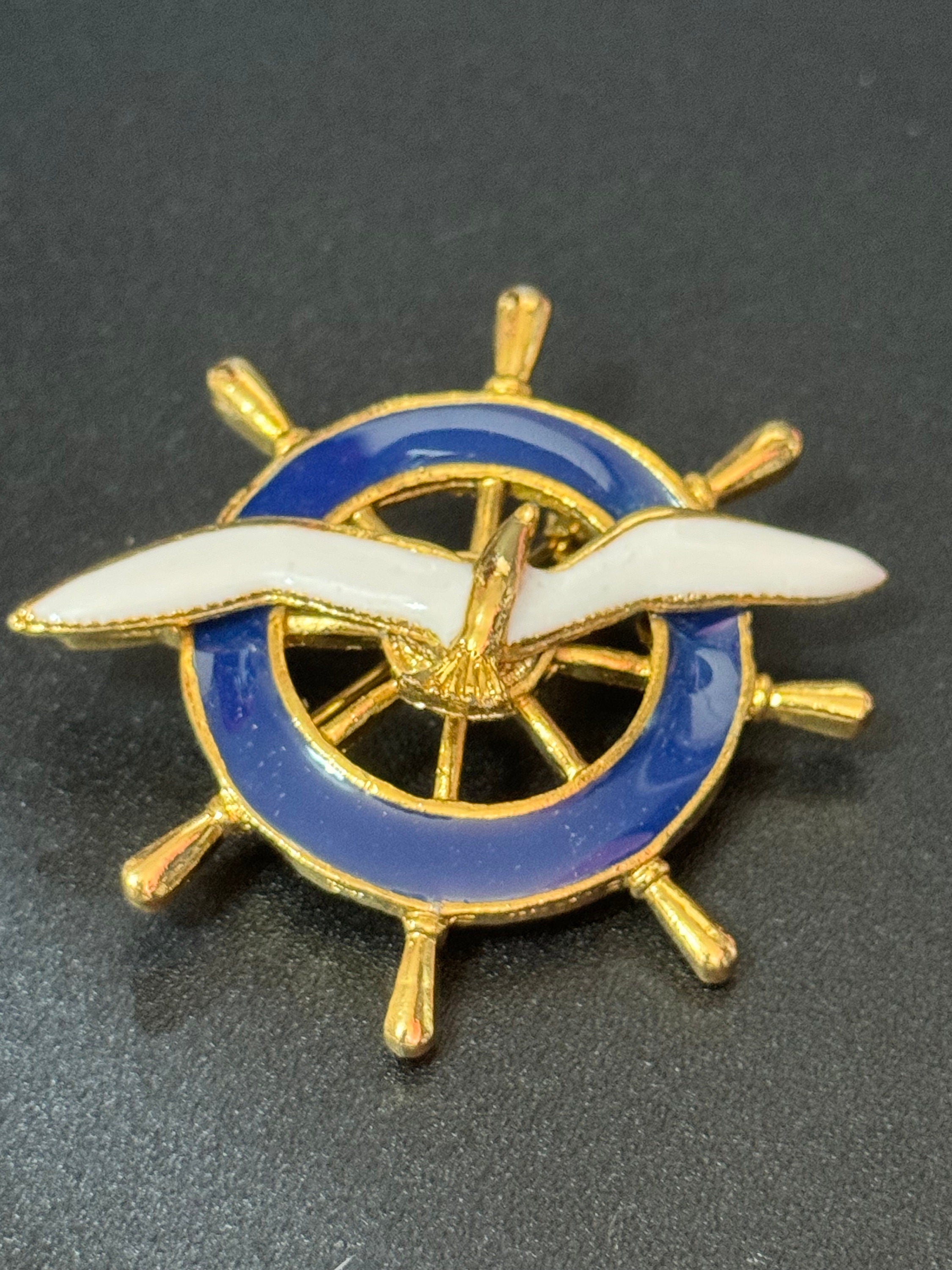 Vintage ships wheel Nautical Brooch, blue enamel with a seagull