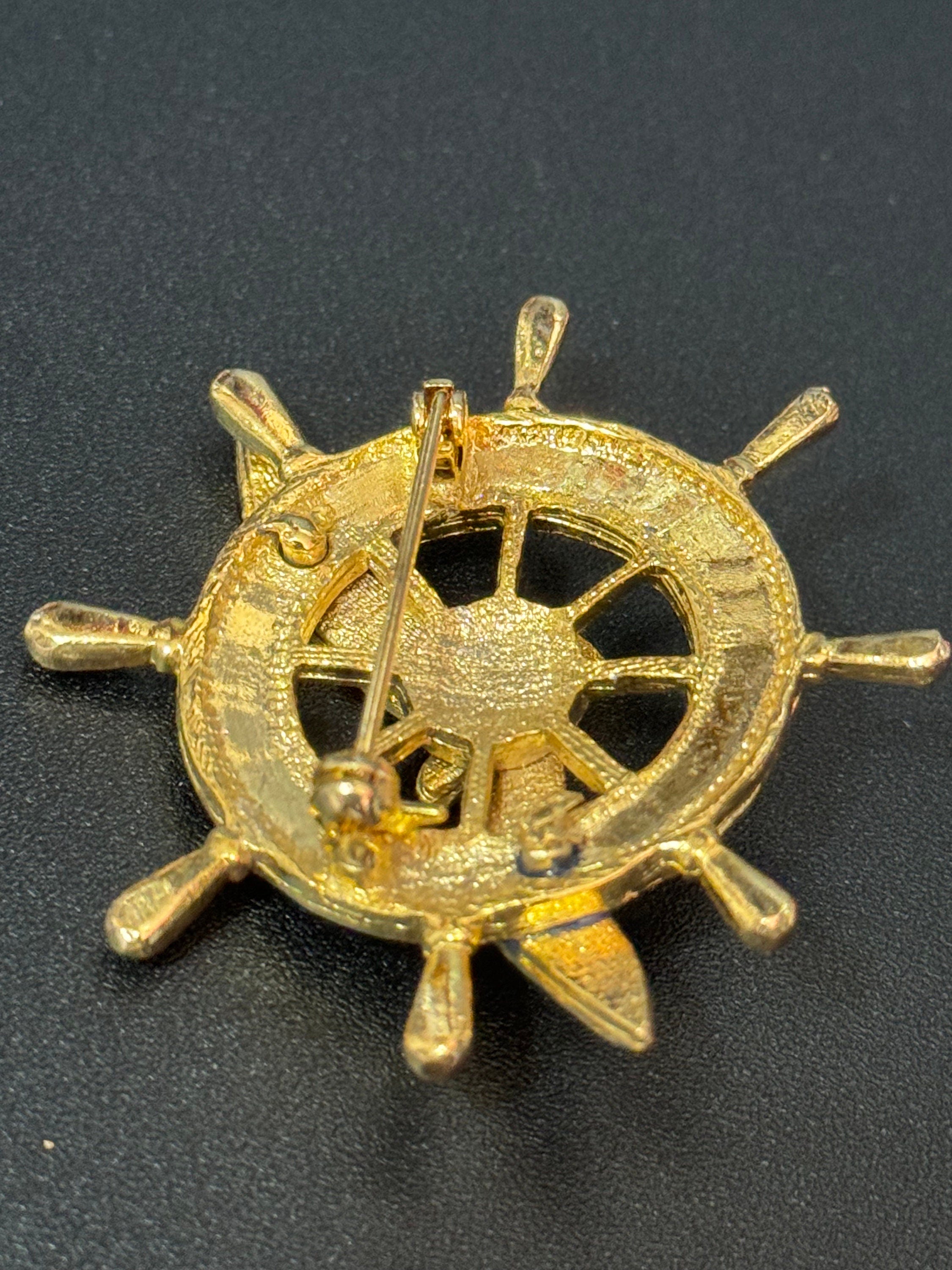 Vintage ships wheel Nautical Brooch, blue enamel with a seagull