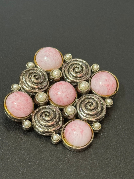 True vintage Chunky square silver tone Etruscan brooch with pearl and pink glass cabochons old shop stock
