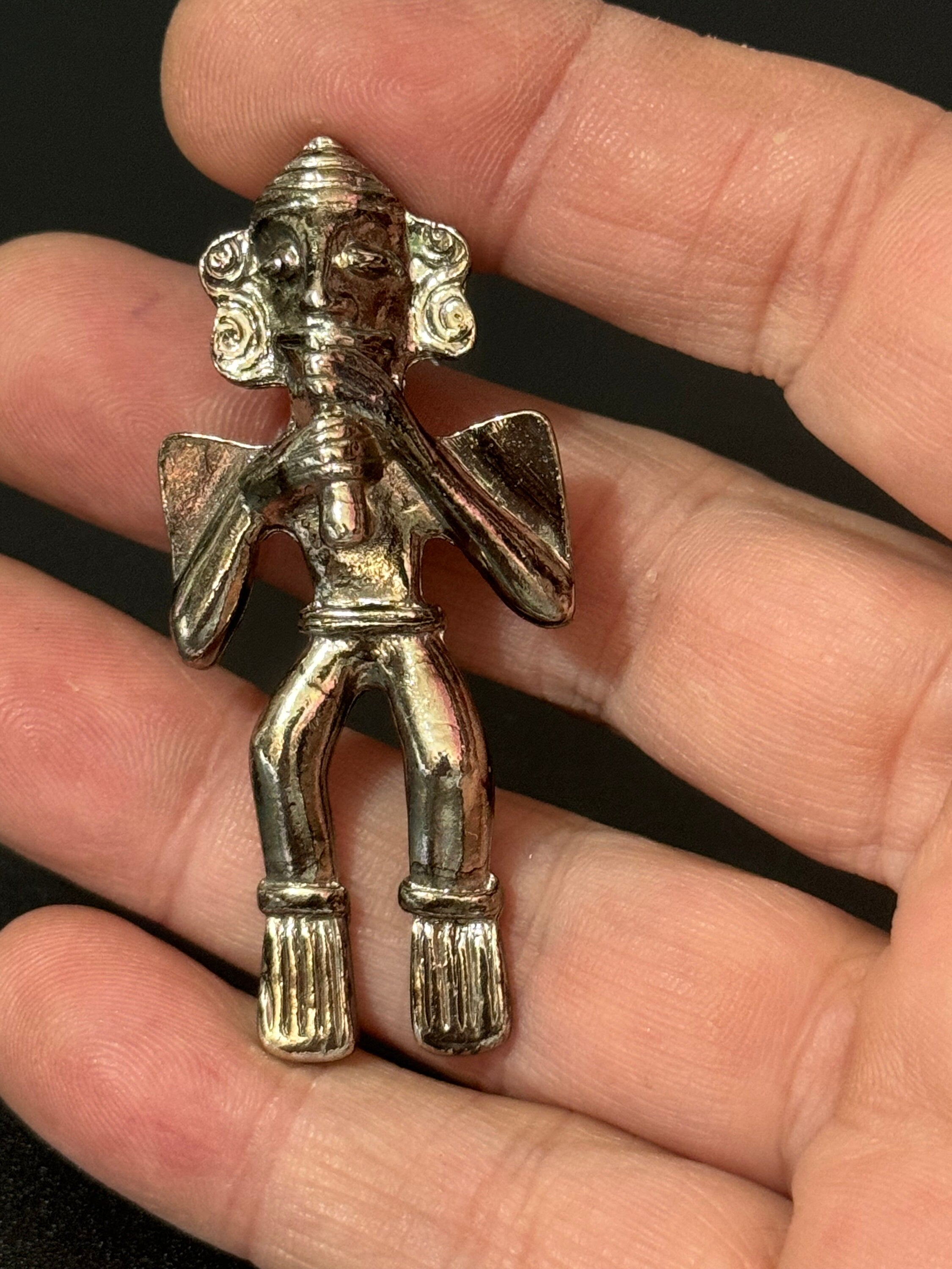 Mayan Aztec Etruscan figure brooch, vintage silver tone