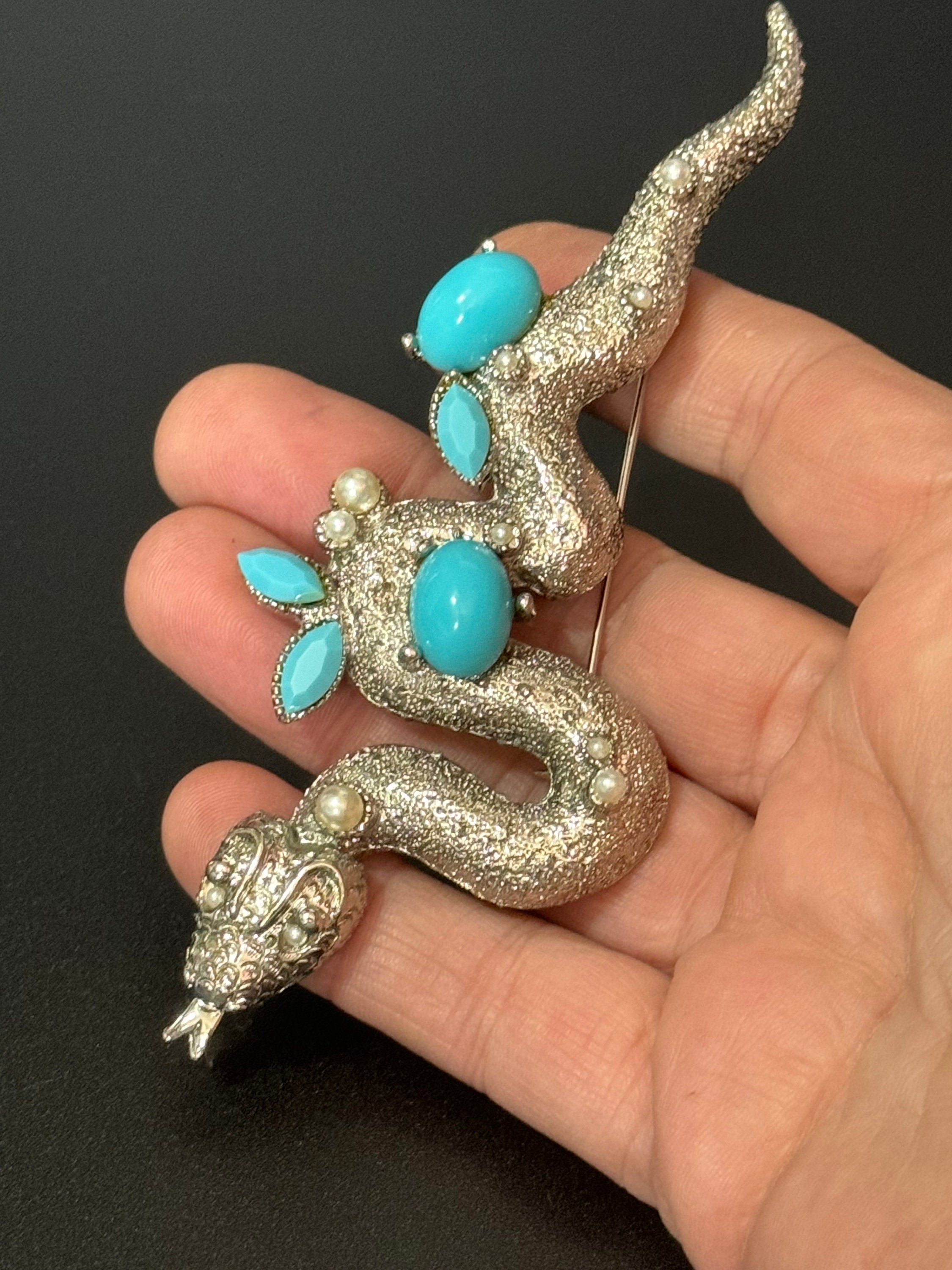 vintage 12cm large silver tone snake brooch set with faux turquoise and pearls