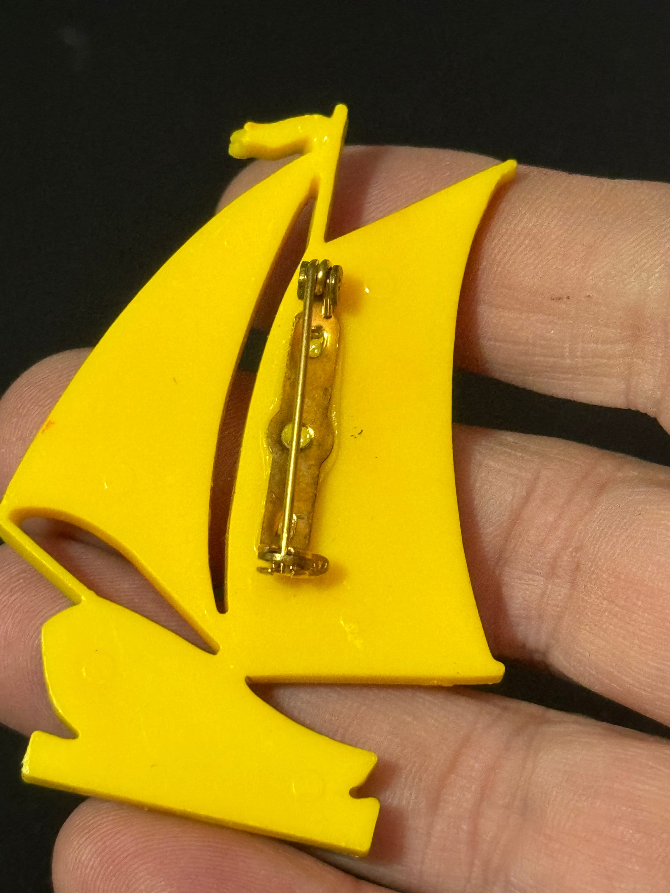 vintage French early plastic celluloid red yellow blue nautical sailing yacht boat Brooch