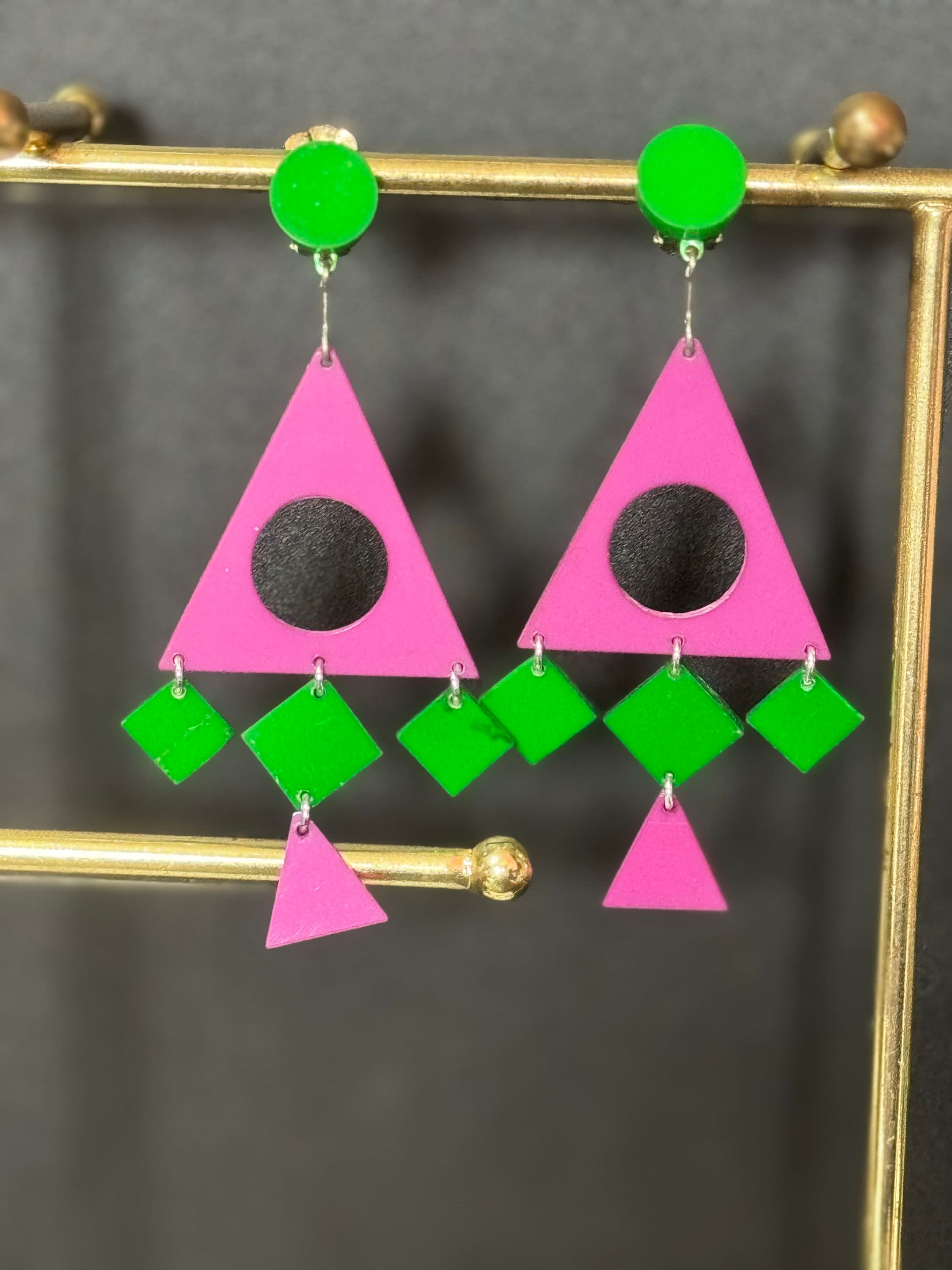 1960s French Clip On Earrings: Vintage Geometric Plastic Dangle