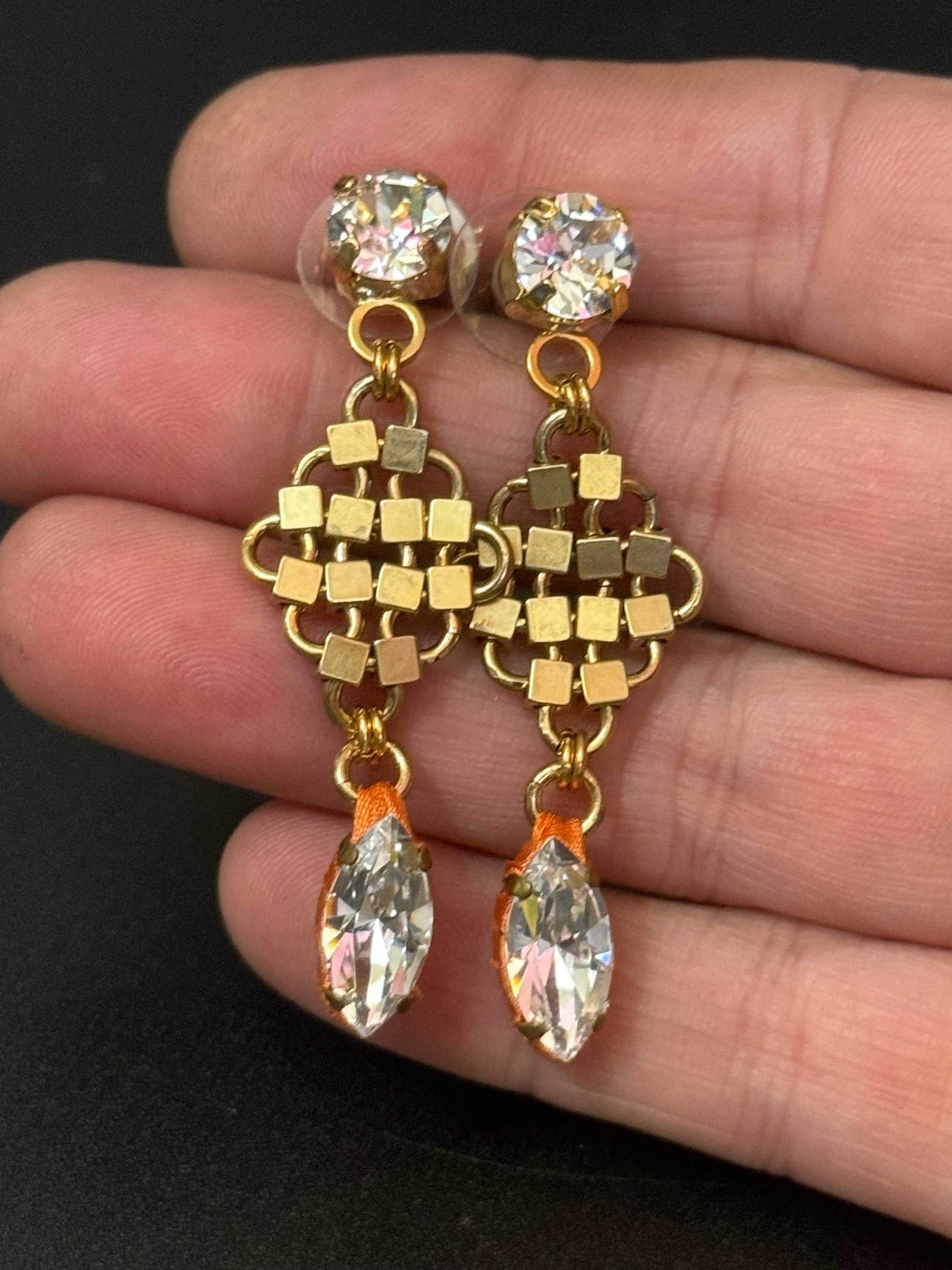 Retro Swarovski Crystal orange silk gold mesh dangly earrings