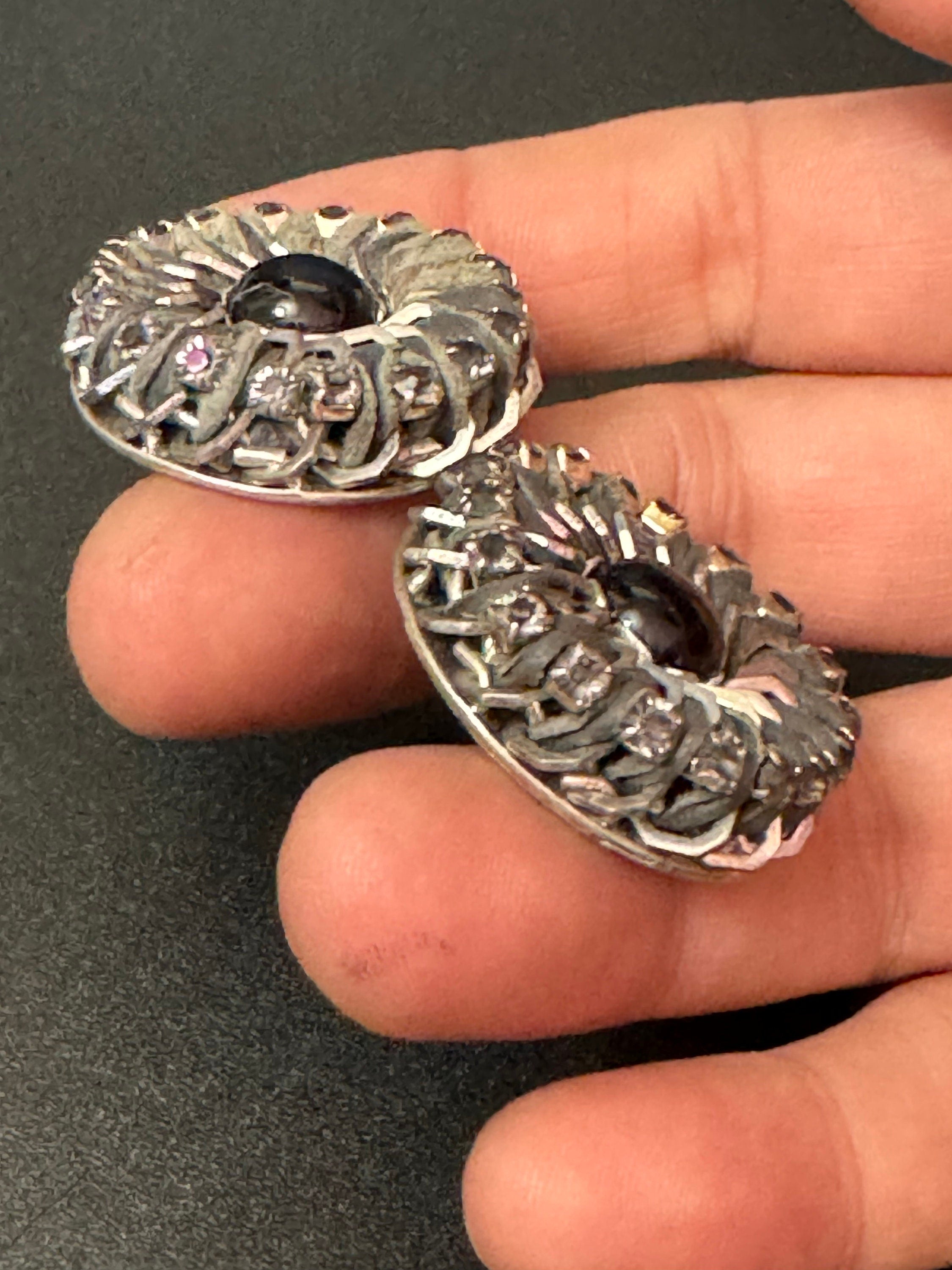 Retro Swarovski Crystal Grey leather silver tone oversized round button stud earrings designer