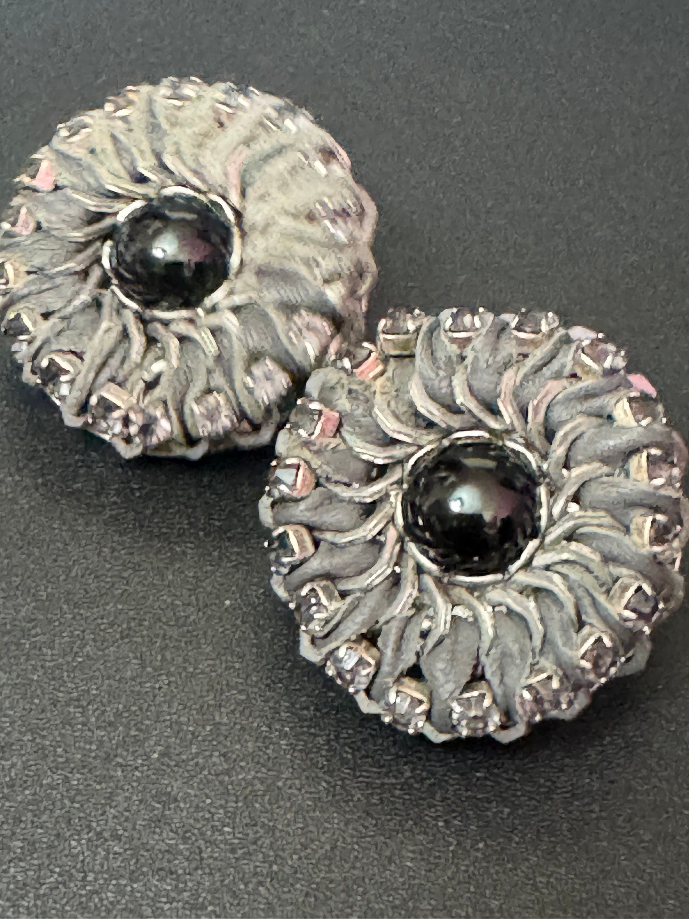 Retro Swarovski Crystal Grey leather silver tone oversized round button stud earrings designer
