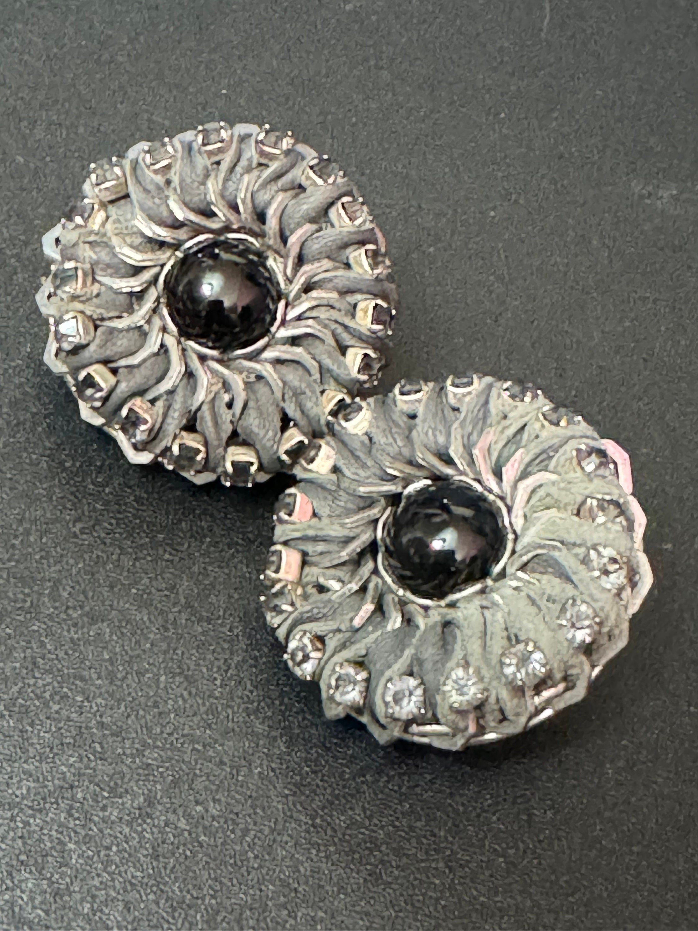 Retro Swarovski Crystal Grey leather silver tone oversized round button stud earrings designer