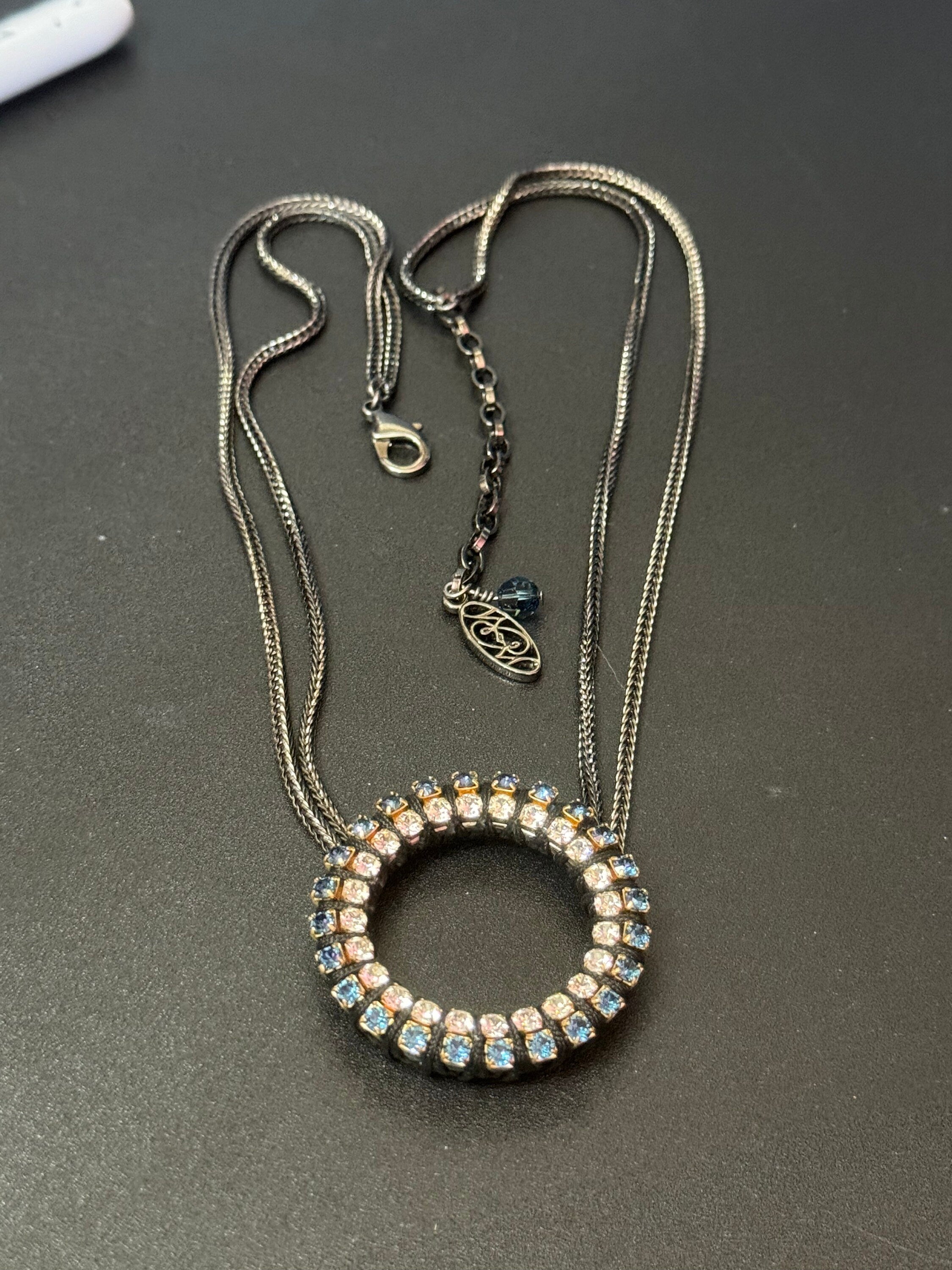 Retro Swarovski Crystal black and dark grey silver tone diamanté hoop necklace designer