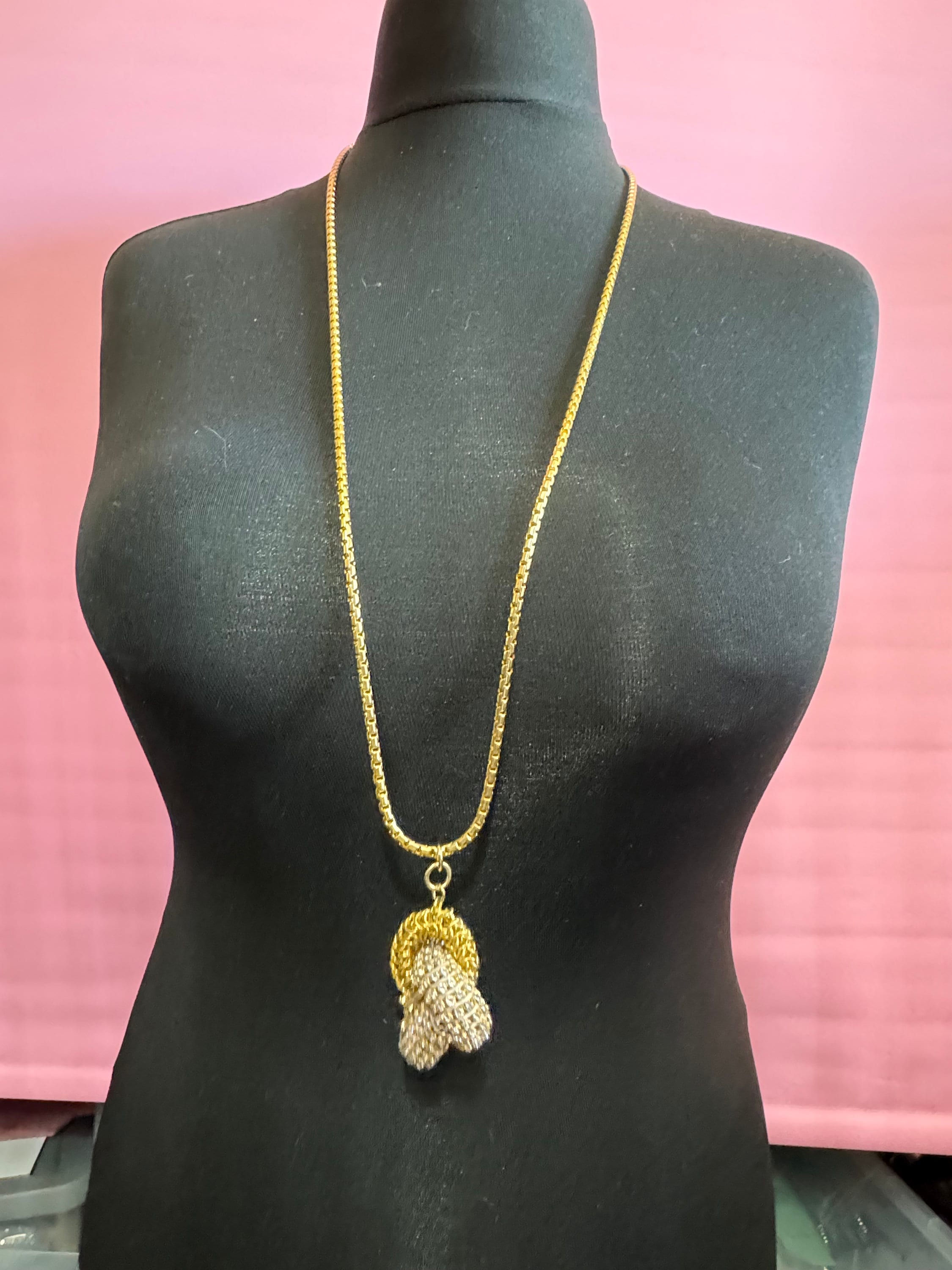 Retro soft lilac Swarovski Crystal gold tone diamanté knot pendant necklace designer