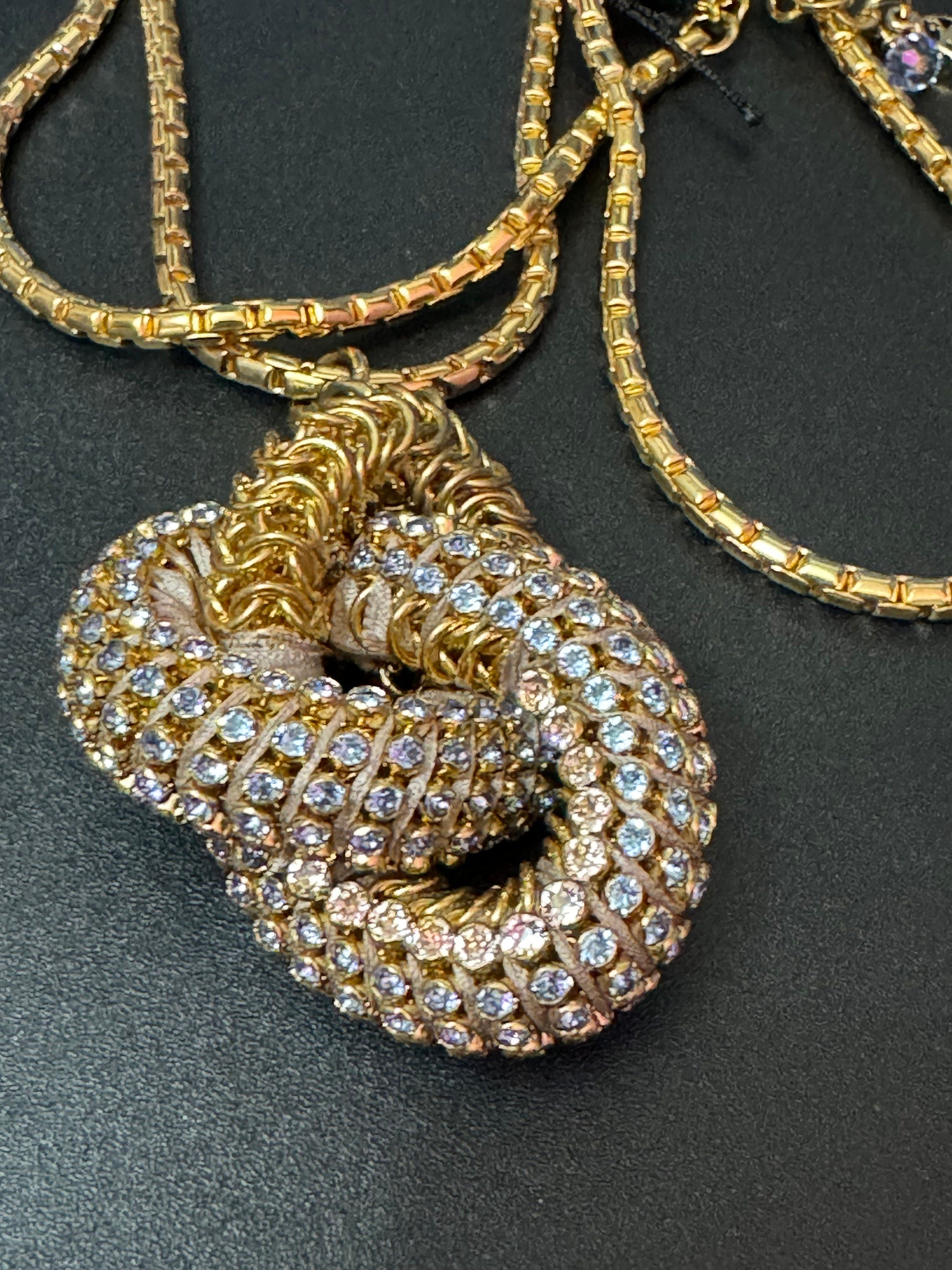 Retro soft lilac Swarovski Crystal gold tone diamanté knot pendant necklace designer