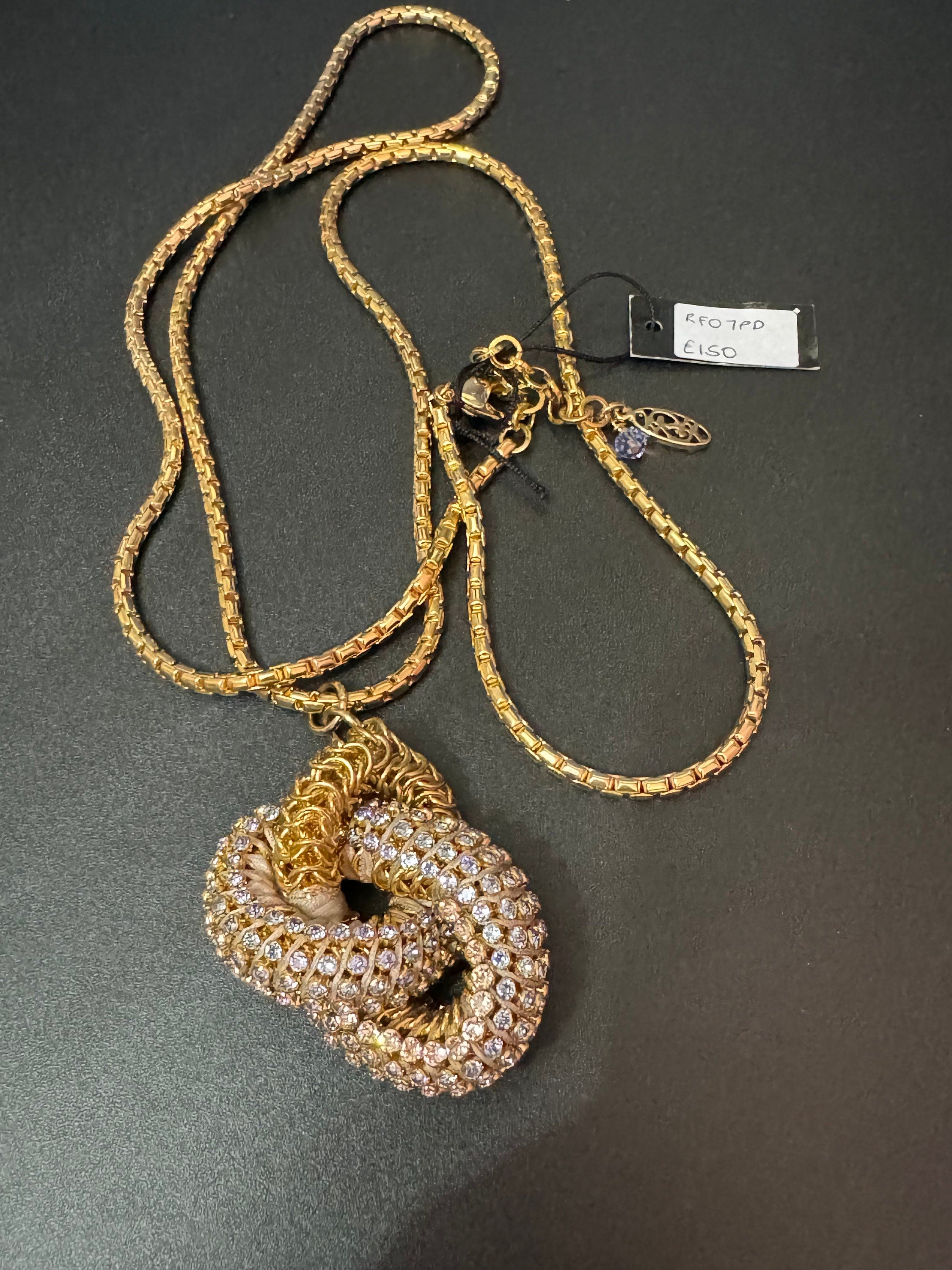 Retro soft lilac Swarovski Crystal gold tone diamanté knot pendant necklace designer