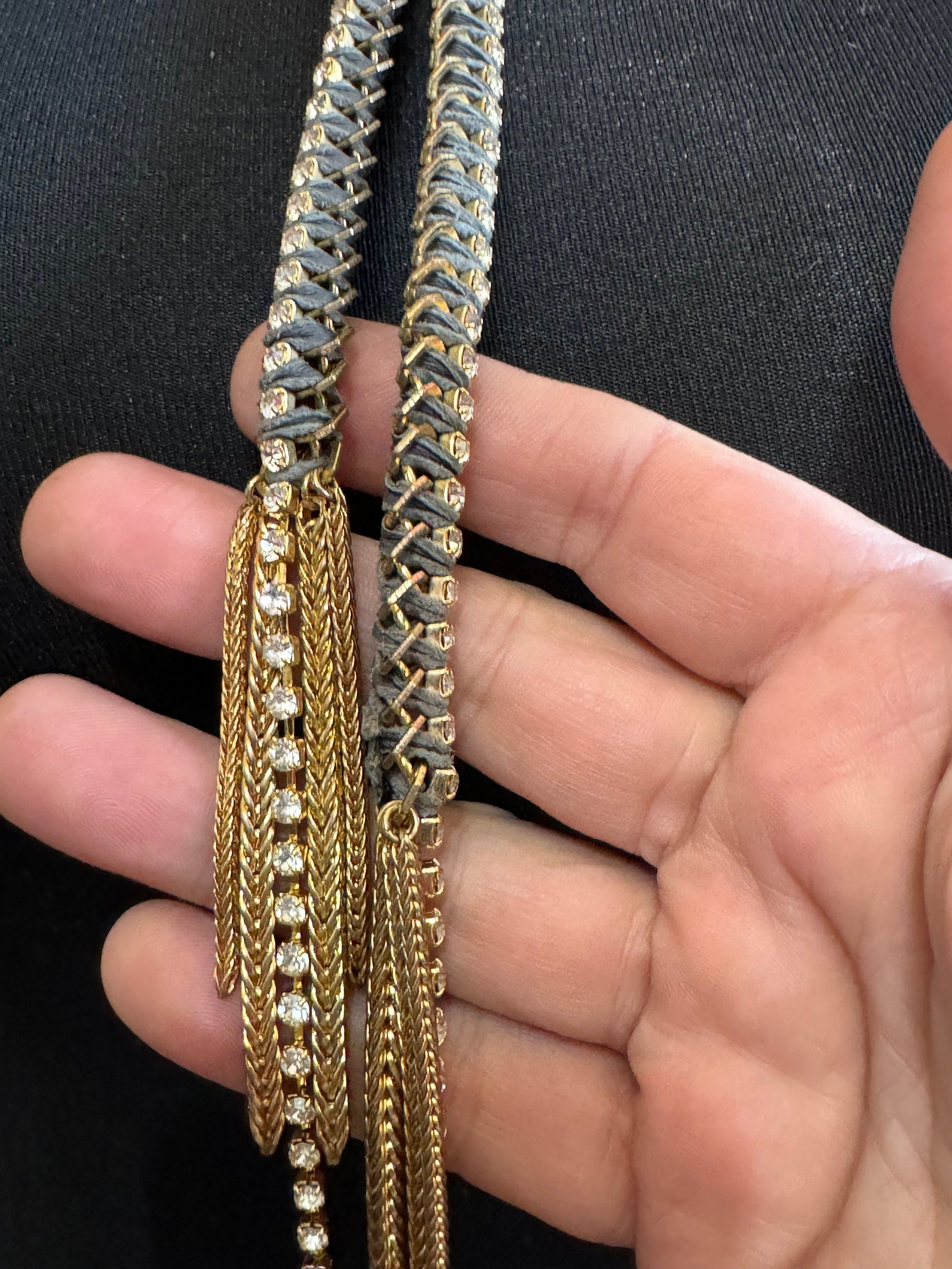 Retro dark blue and clear Swarovski crystal diamanté and grey leather gold tone diamanté knot pendant necklace and matching hoop earrings