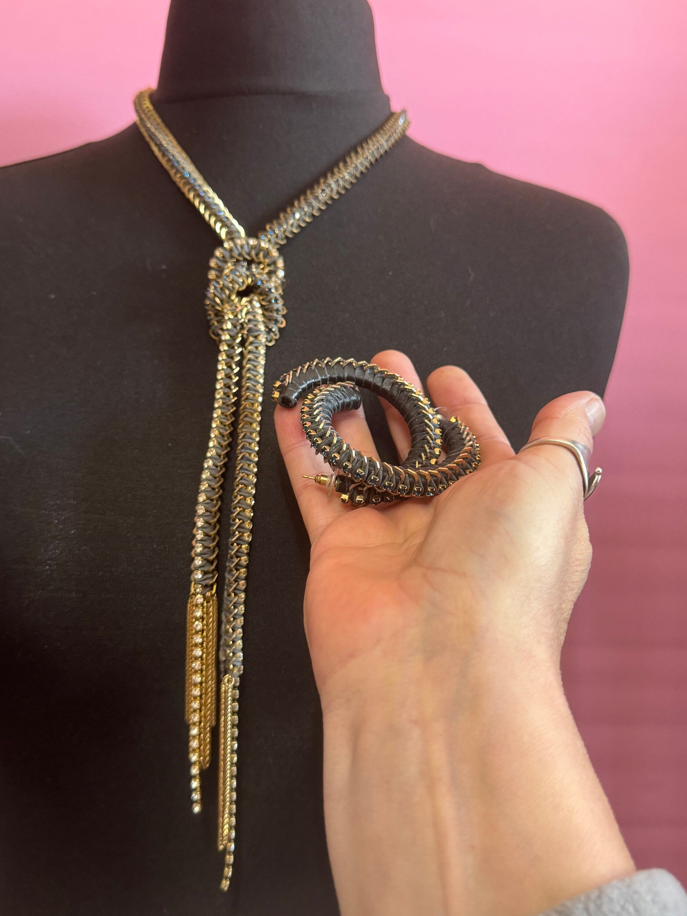 Retro dark blue and clear Swarovski crystal diamanté and grey leather gold tone diamanté knot pendant necklace and matching hoop earrings