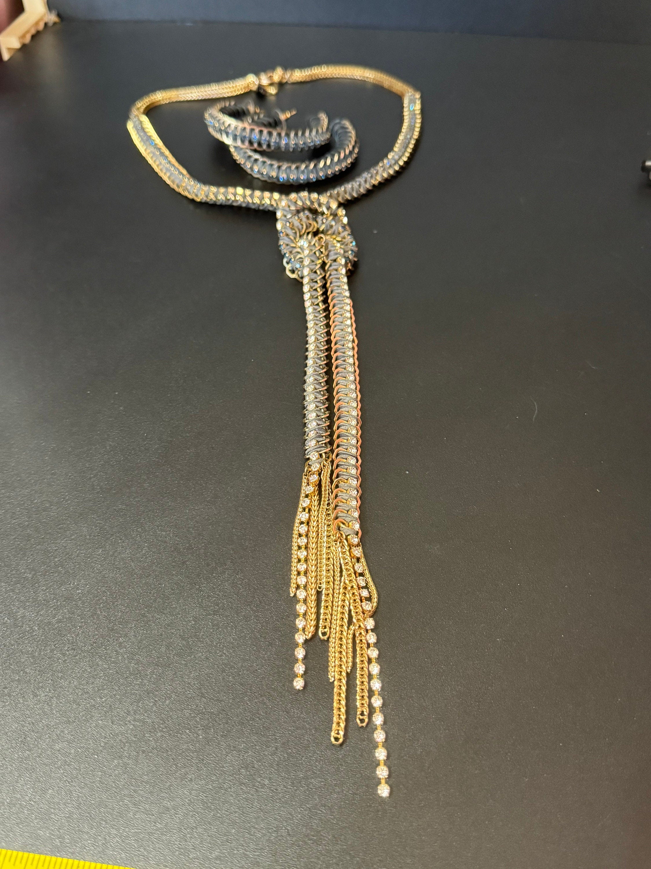 Retro dark blue and clear Swarovski crystal diamanté and grey leather gold tone diamanté knot pendant necklace and matching hoop earrings