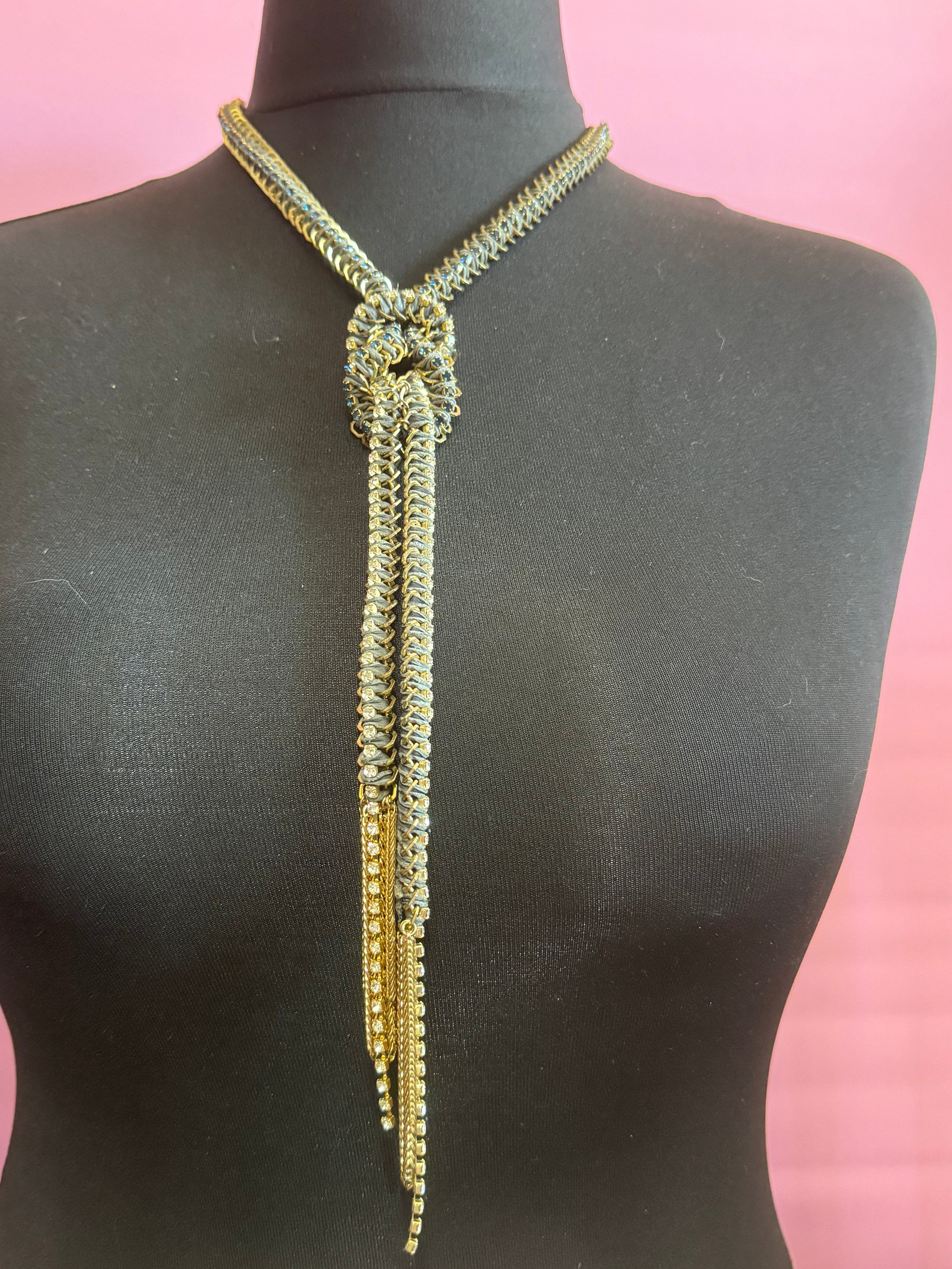 Retro dark blue and clear Swarovski crystal diamanté and grey leather gold tone diamanté knot pendant necklace and matching hoop earrings
