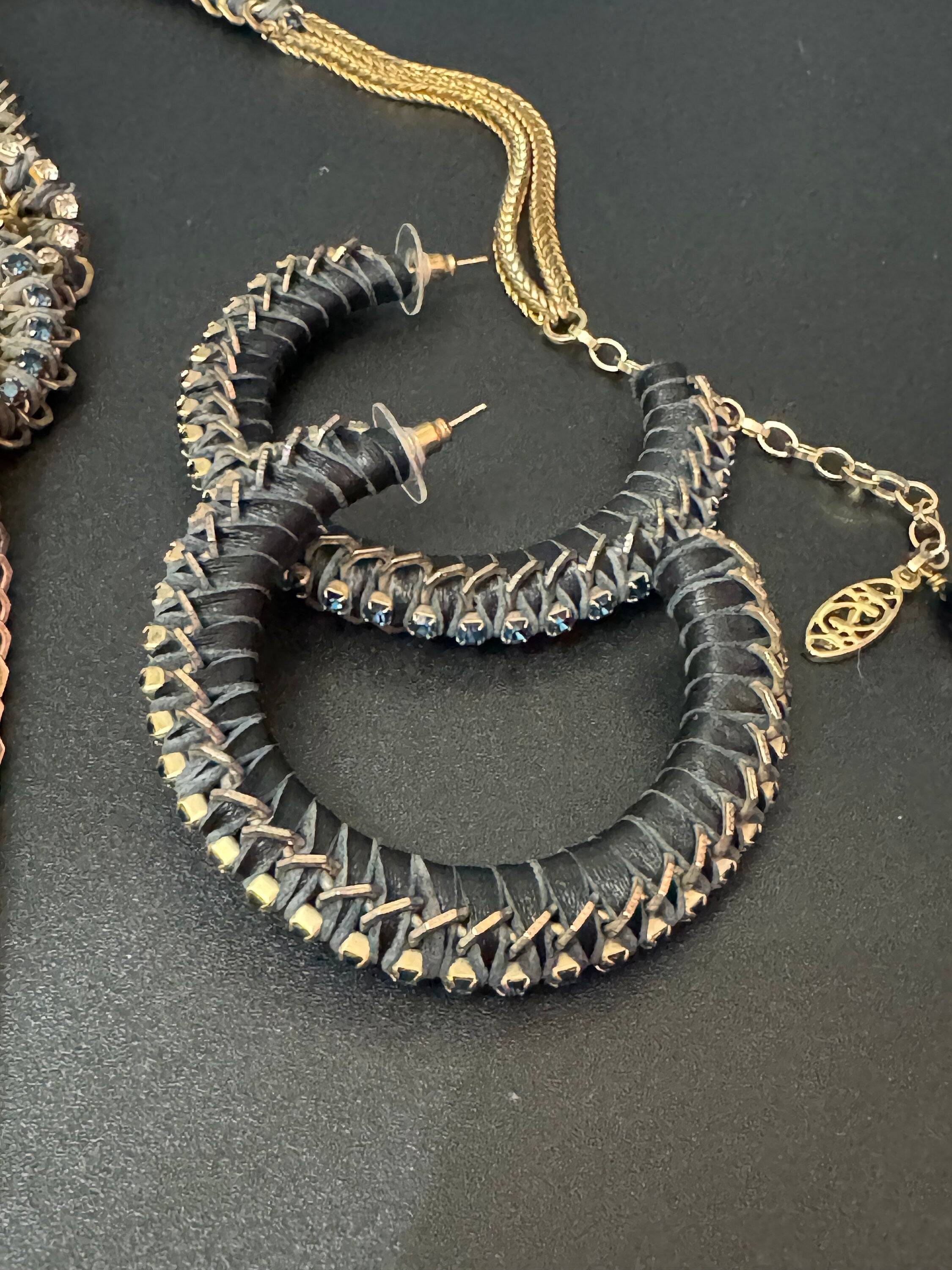 Retro dark blue and clear Swarovski crystal diamanté and grey leather gold tone diamanté knot pendant necklace and matching hoop earrings
