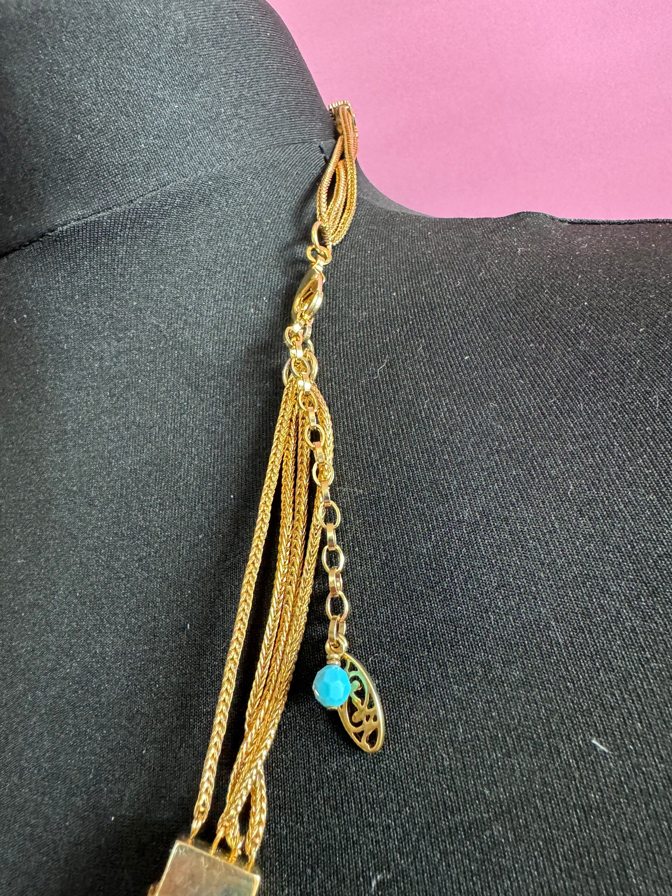Retro Swarovski Crystal Diamanté Necklace: Turquoise Silk Cord & Gold Chain