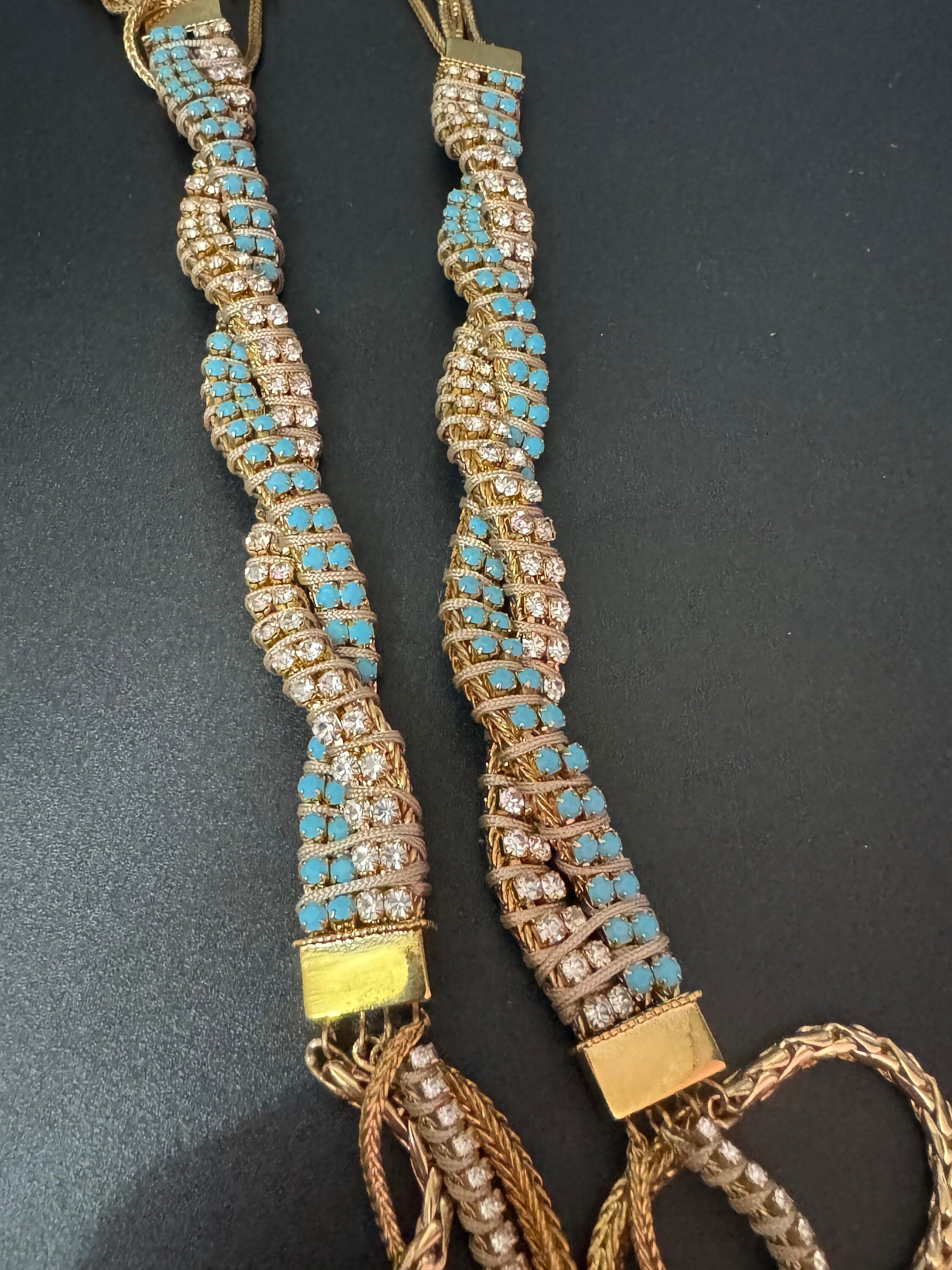 Retro Swarovski Crystal Diamanté Necklace: Turquoise Silk Cord & Gold Chain