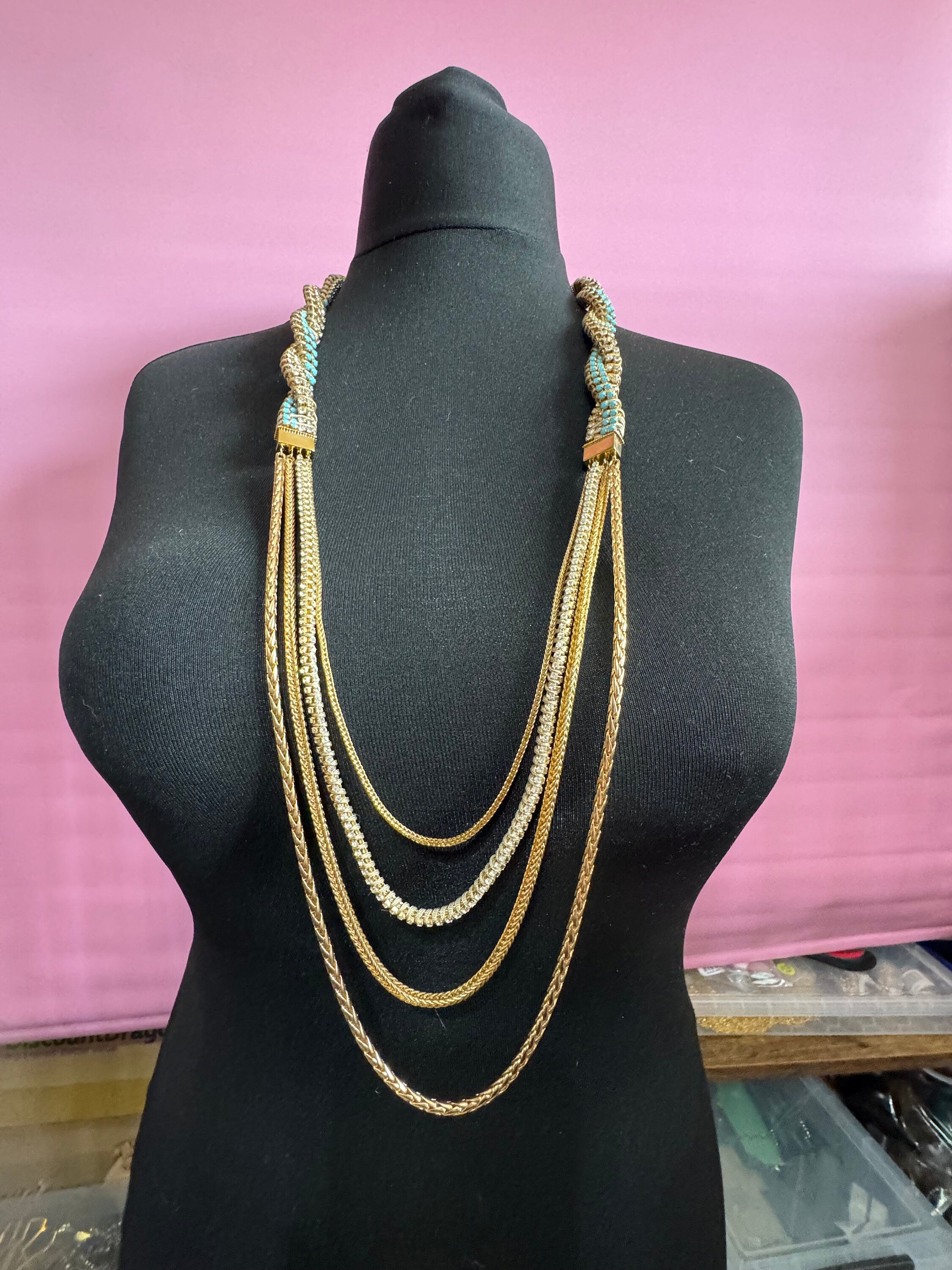 Retro Swarovski Crystal Diamanté Necklace: Turquoise Silk Cord & Gold Chain