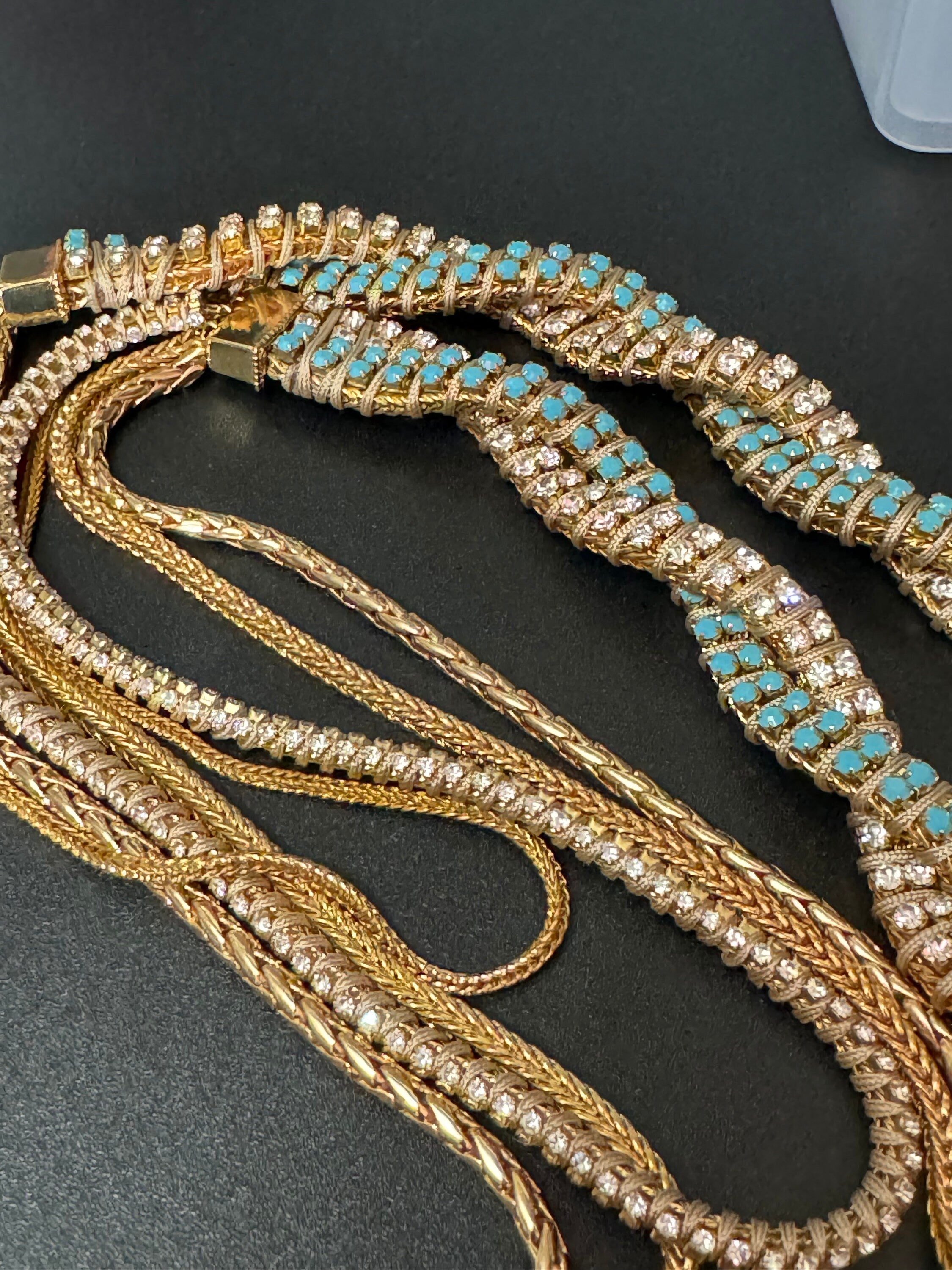 Retro Swarovski Crystal Diamanté Necklace: Turquoise Silk Cord & Gold Chain