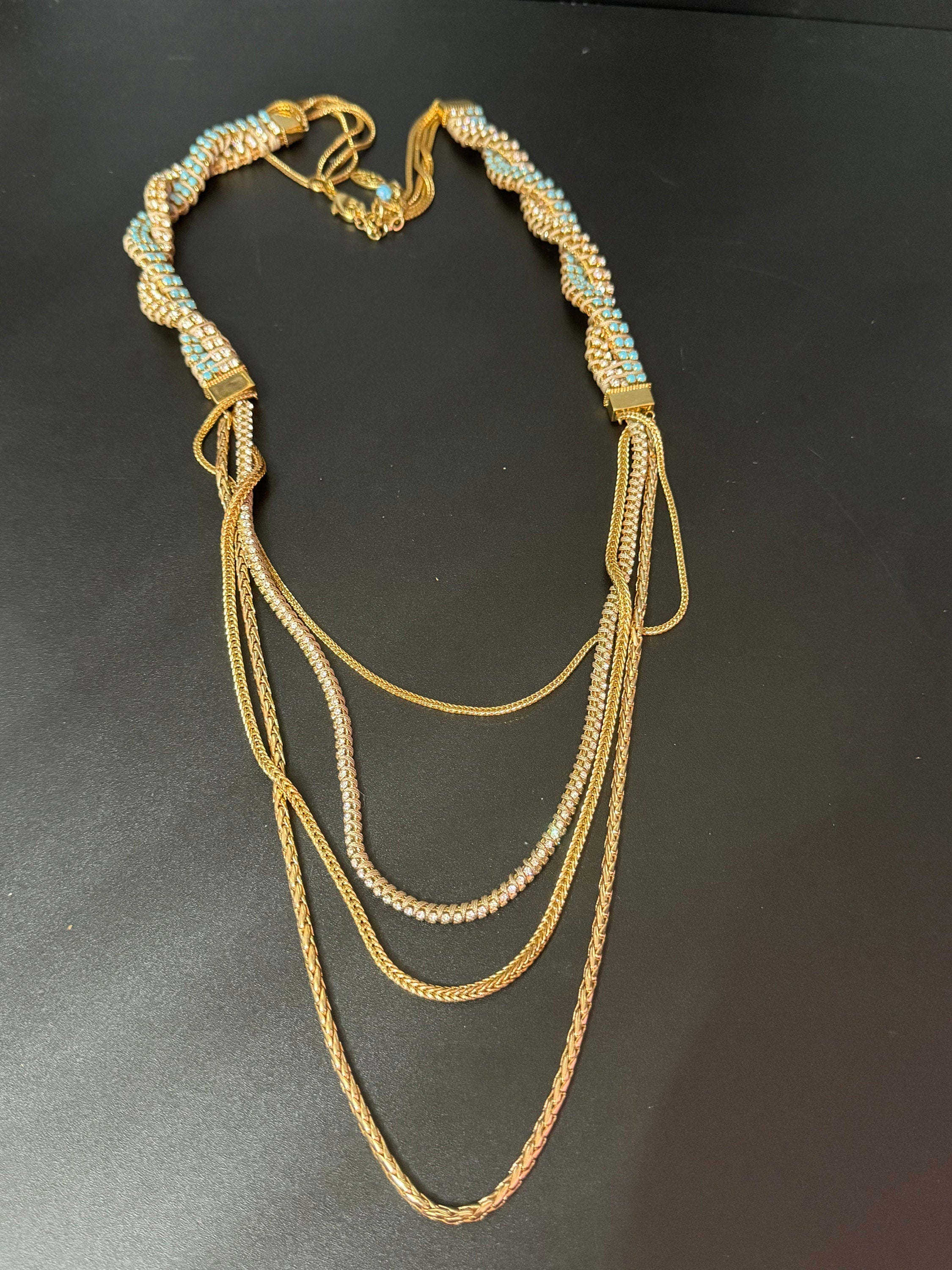 Retro Swarovski Crystal Diamanté Necklace: Turquoise Silk Cord & Gold Chain
