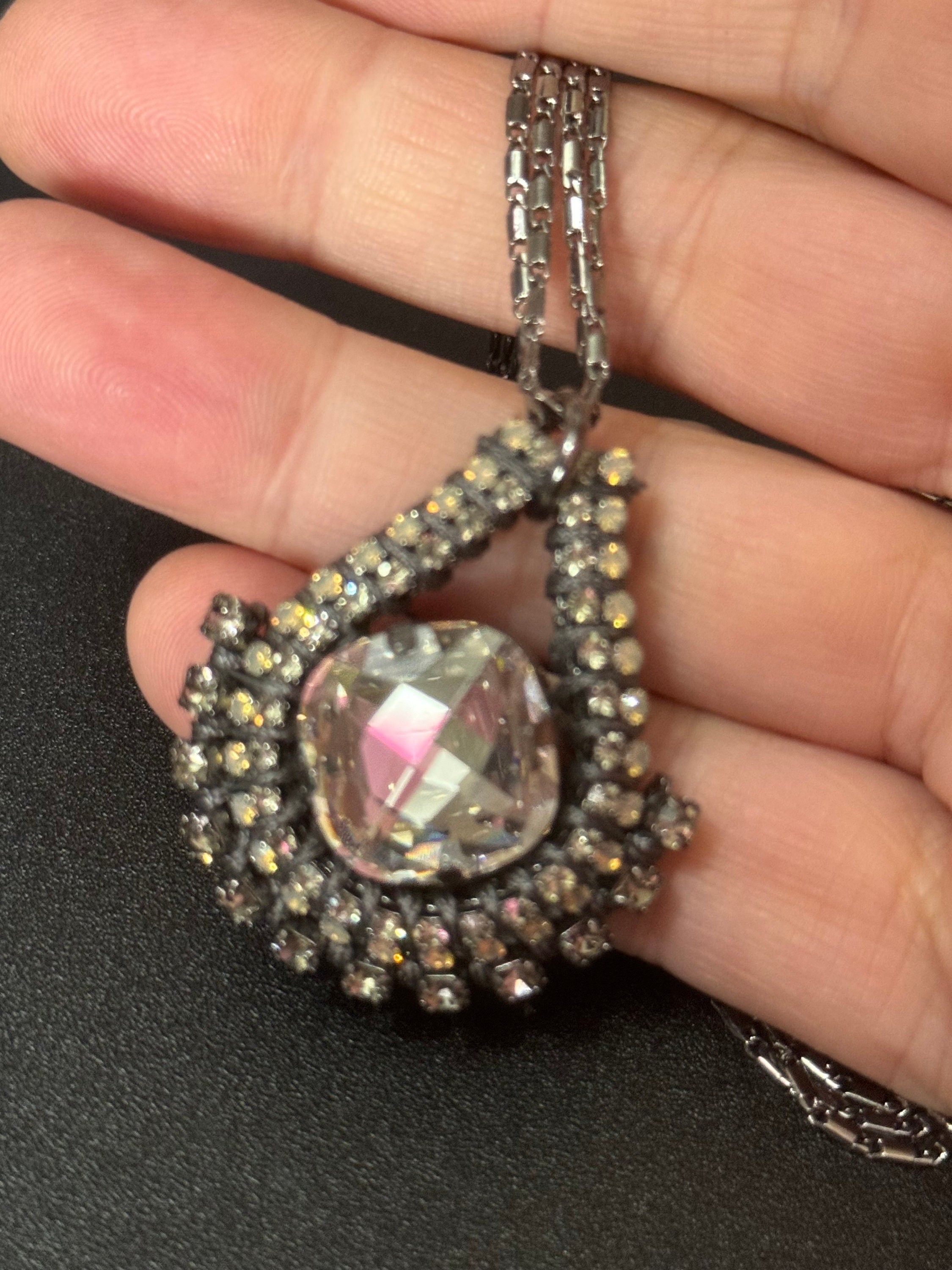 Retro clear Swarovski Crystal dark grey silver tone diamanté teardrop necklace designer