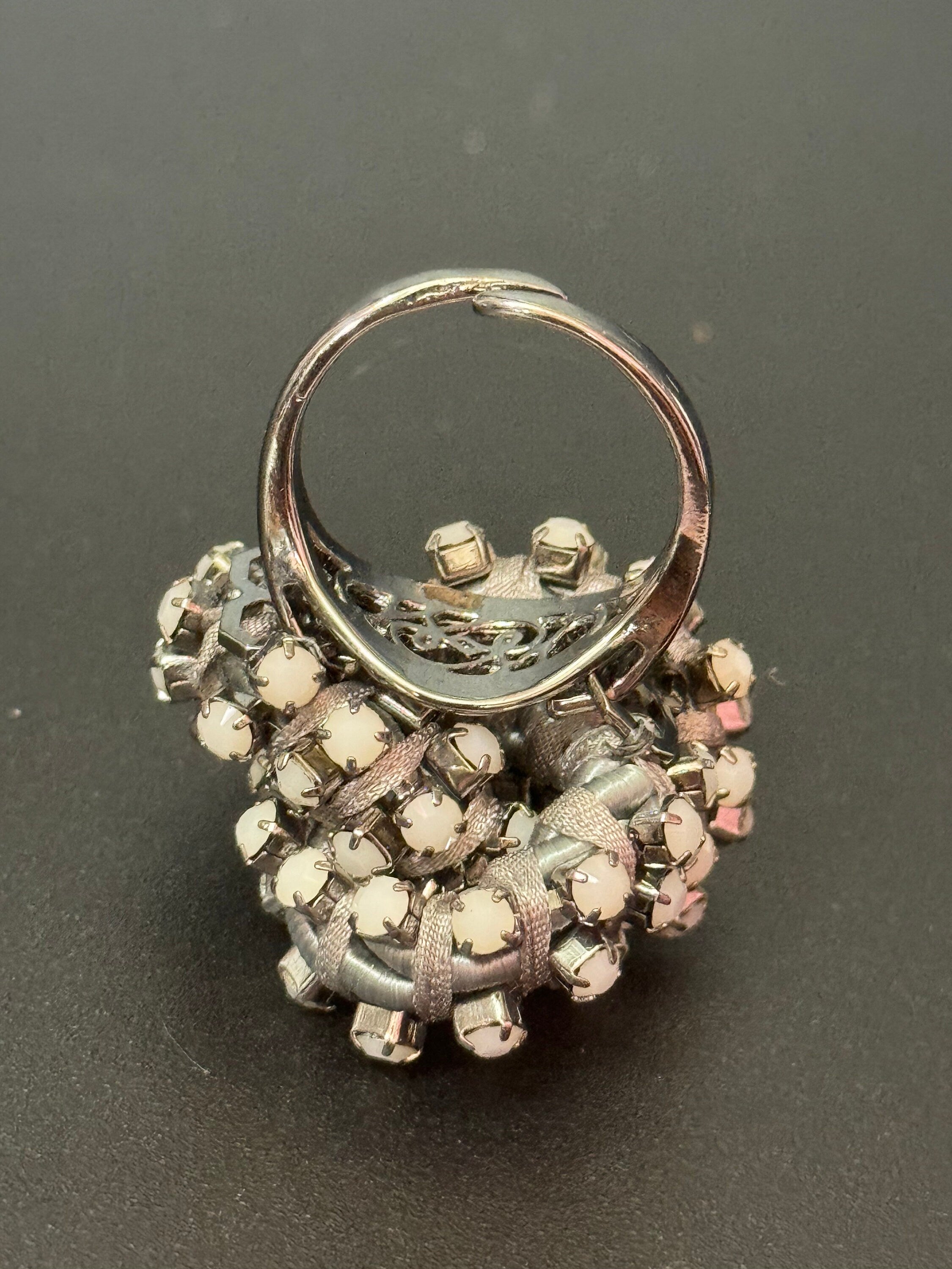Retro white Swarovski Crystal silver tone oversized knot cocktail ring adjustable designer
