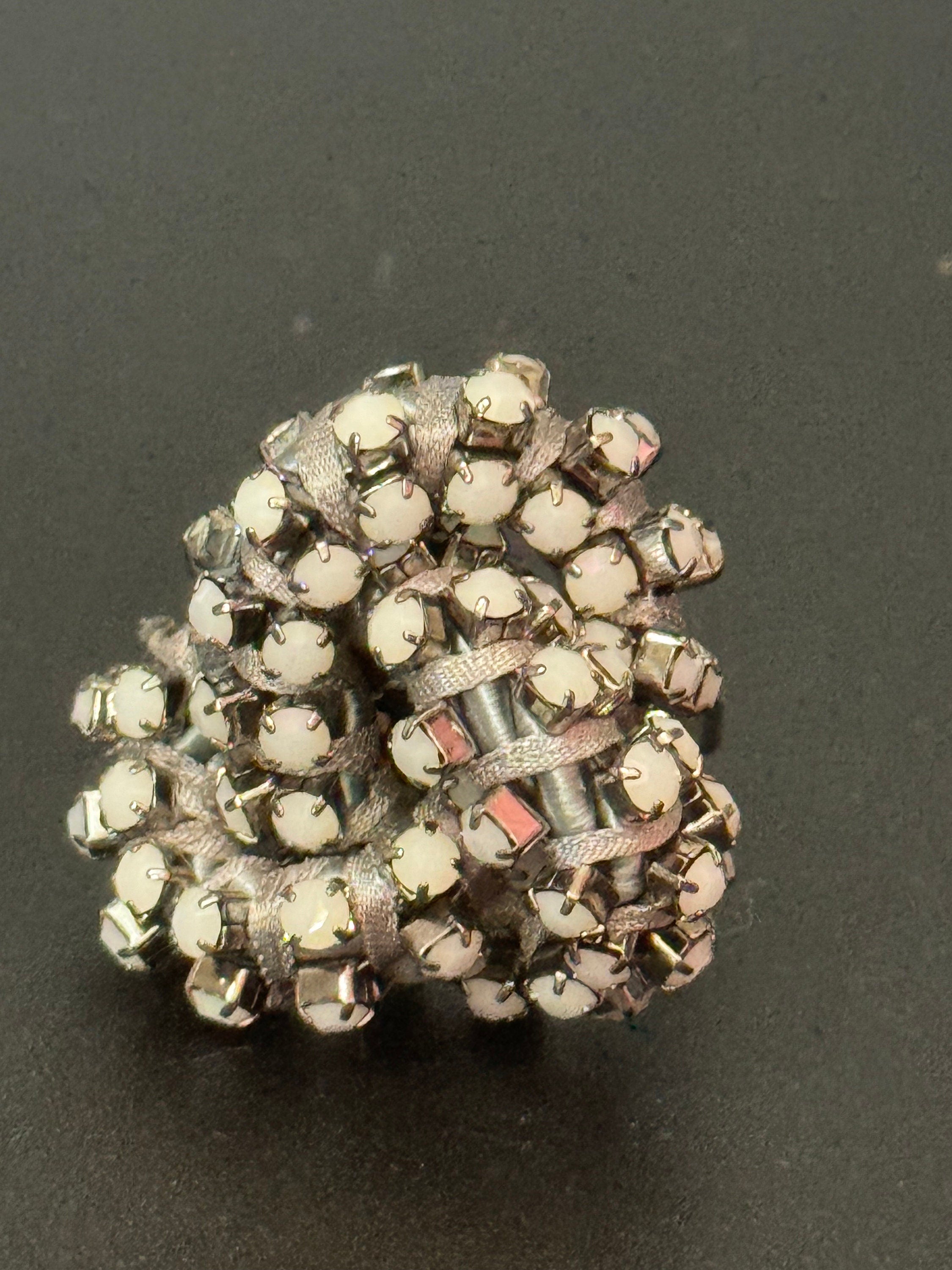 Retro white Swarovski Crystal silver tone oversized knot cocktail ring adjustable designer