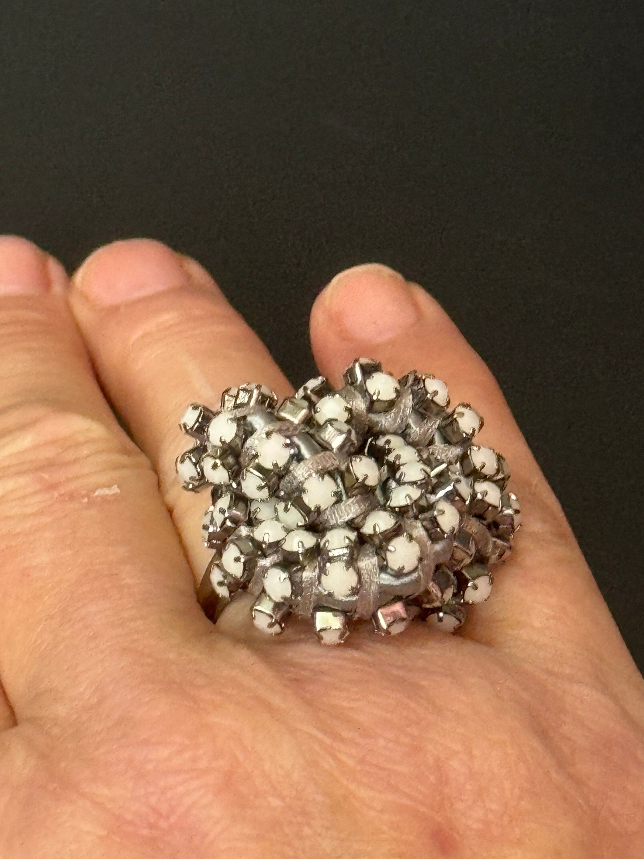 Retro white Swarovski Crystal silver tone oversized knot cocktail ring adjustable designer