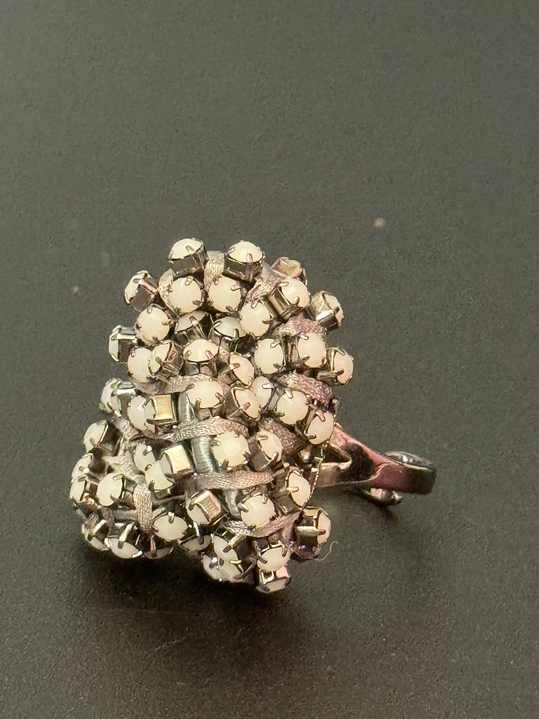 Retro white Swarovski Crystal silver tone oversized knot cocktail ring adjustable designer