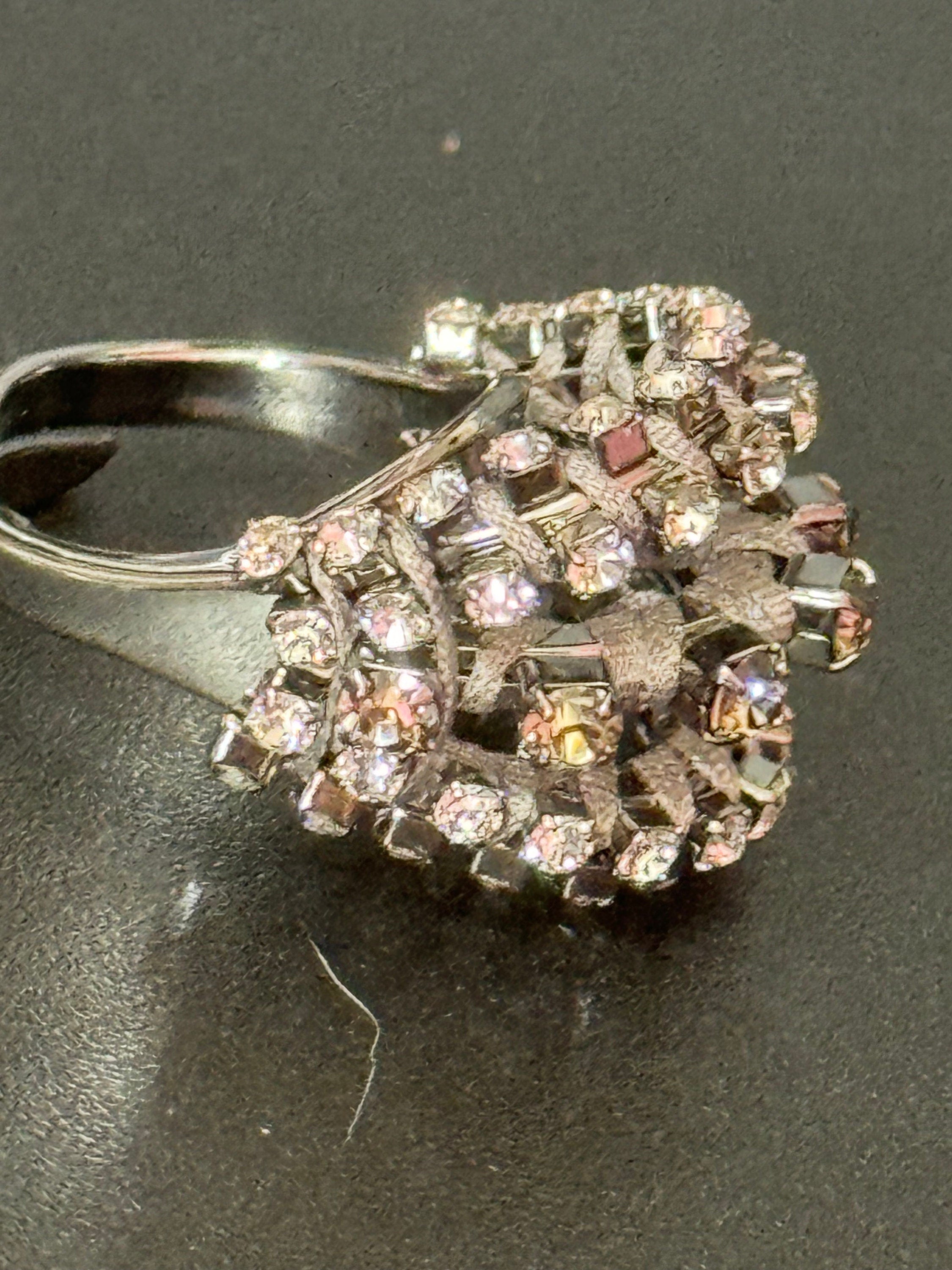 Retro Clear Swarovski Crystal silver tone grey Japanese silk cord cocktail ring adjustable designer