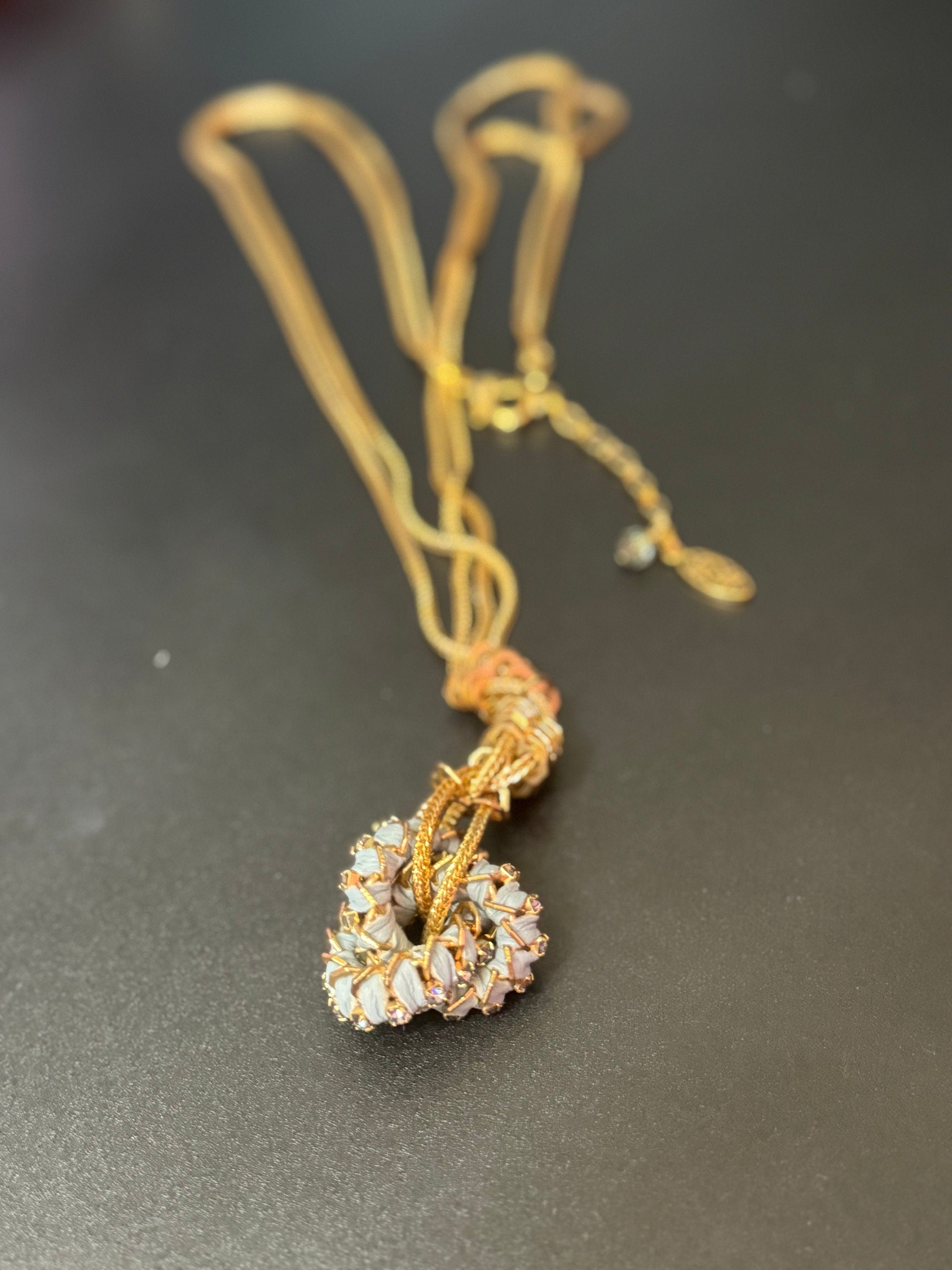 Retro soft Grey Swarovski Crystal gold tone diamanté blue Japanese silk cord knot pendant necklace designer