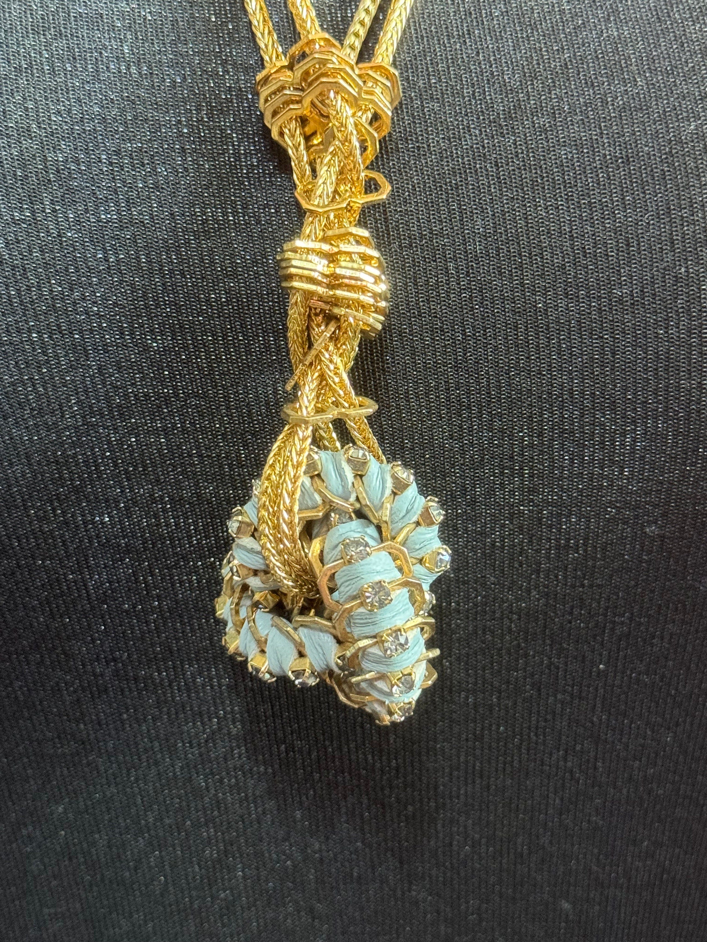 Retro soft Grey Swarovski Crystal gold tone diamanté blue Japanese silk cord knot pendant necklace designer