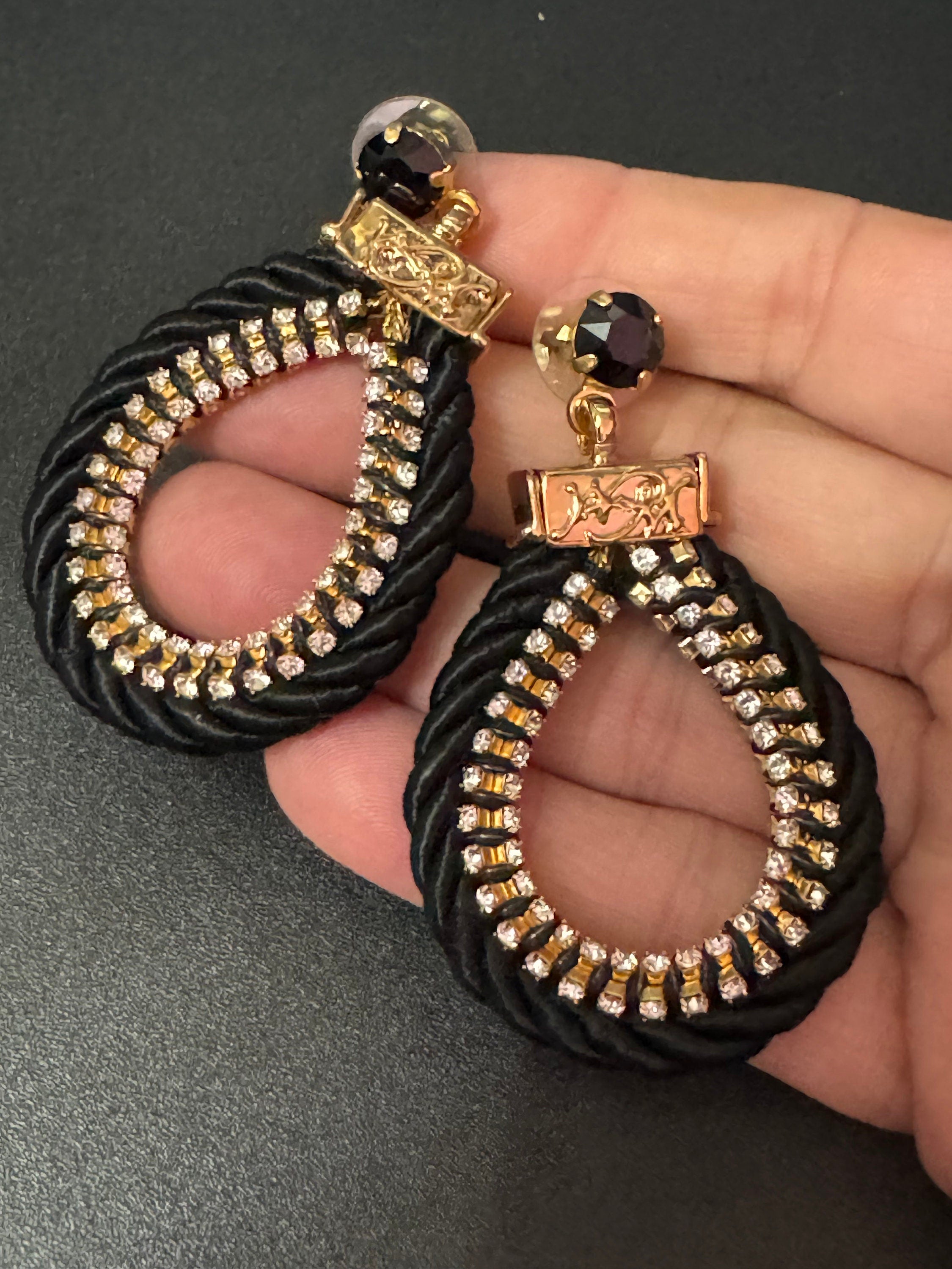 Retro clear swarovski Crystal black silk cord Gold tone oversized teardrop dangle earrings designer