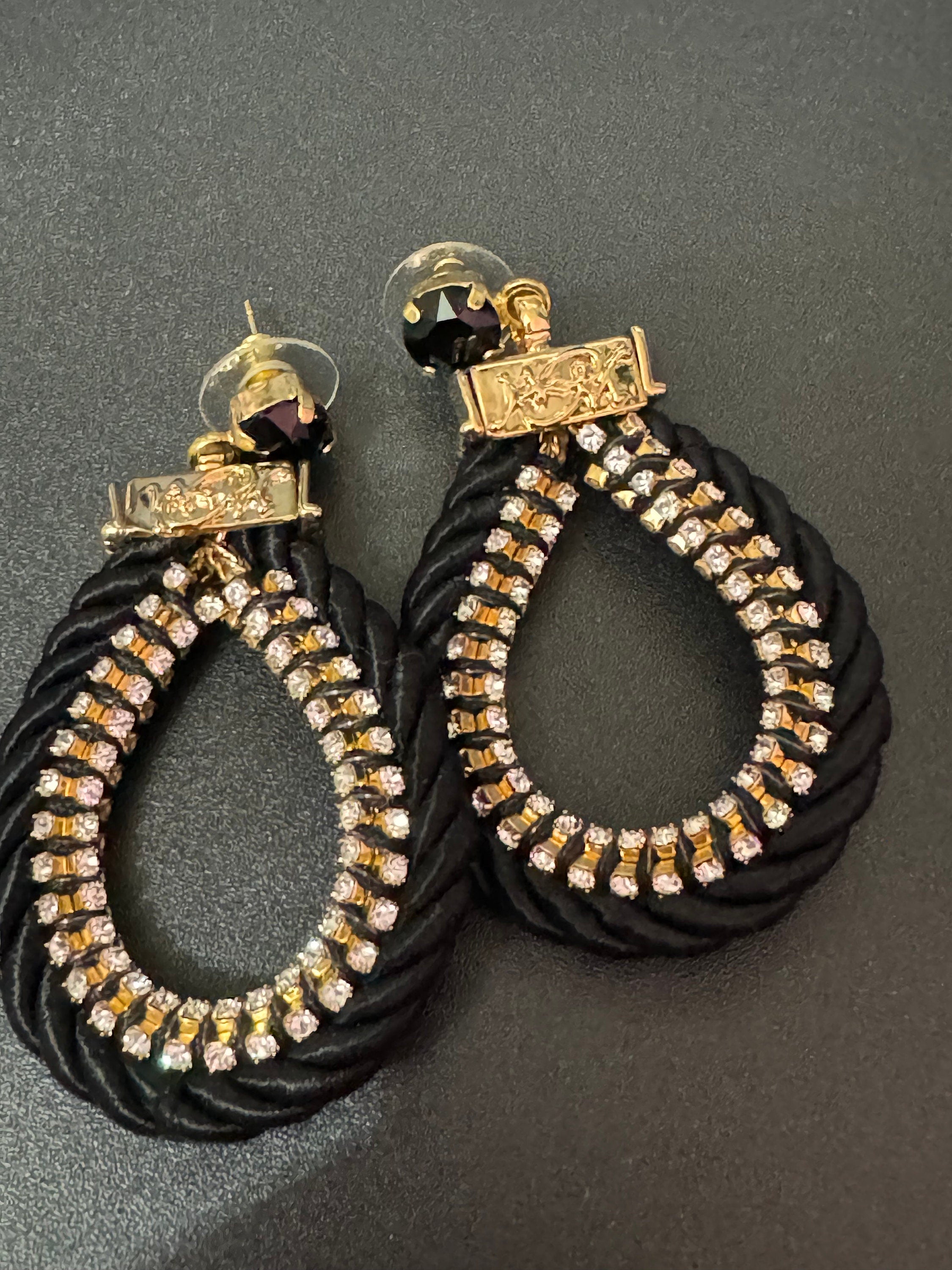 Retro clear swarovski Crystal black silk cord Gold tone oversized teardrop dangle earrings designer