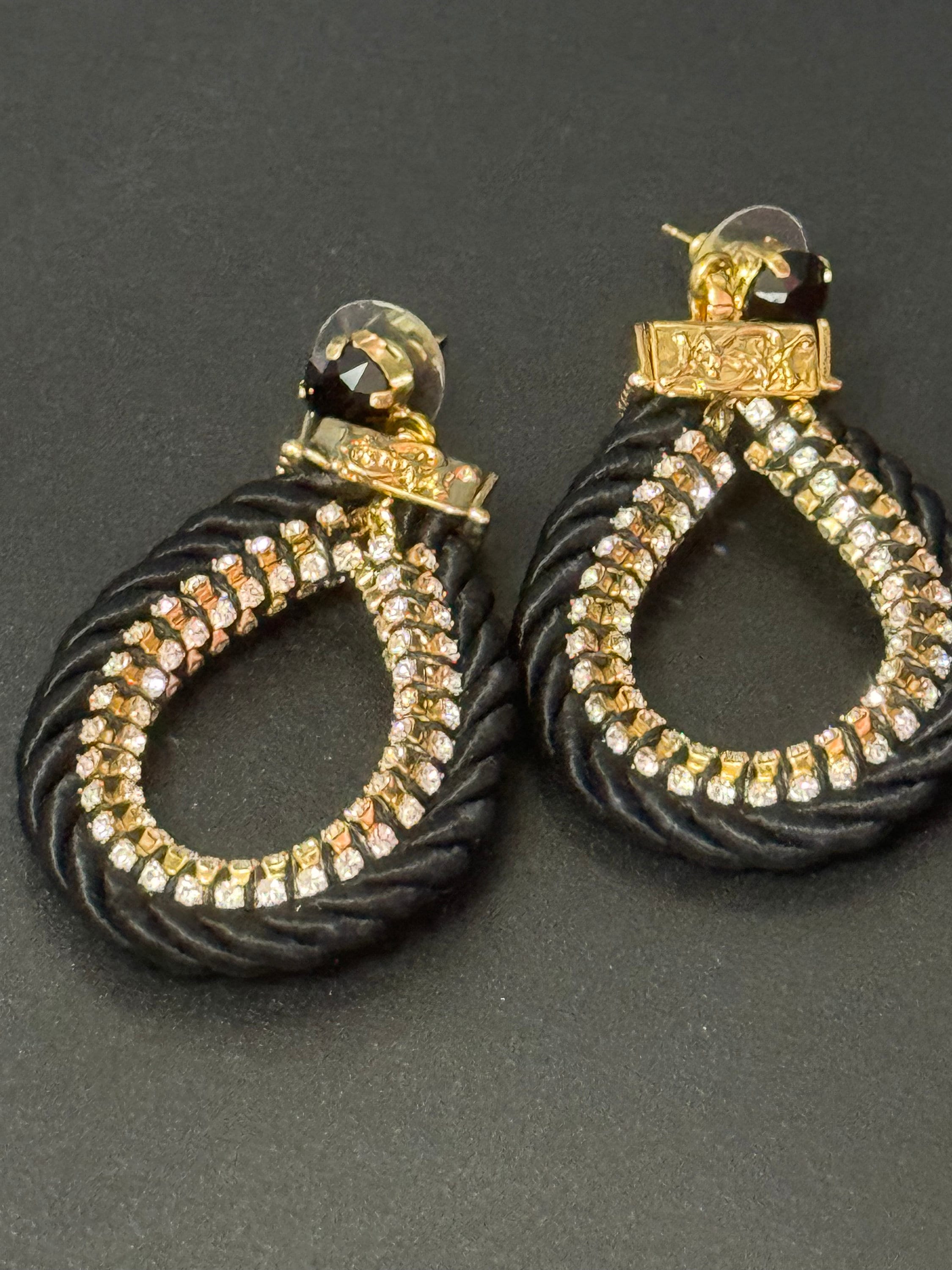 Retro clear swarovski Crystal black silk cord Gold tone oversized teardrop dangle earrings designer