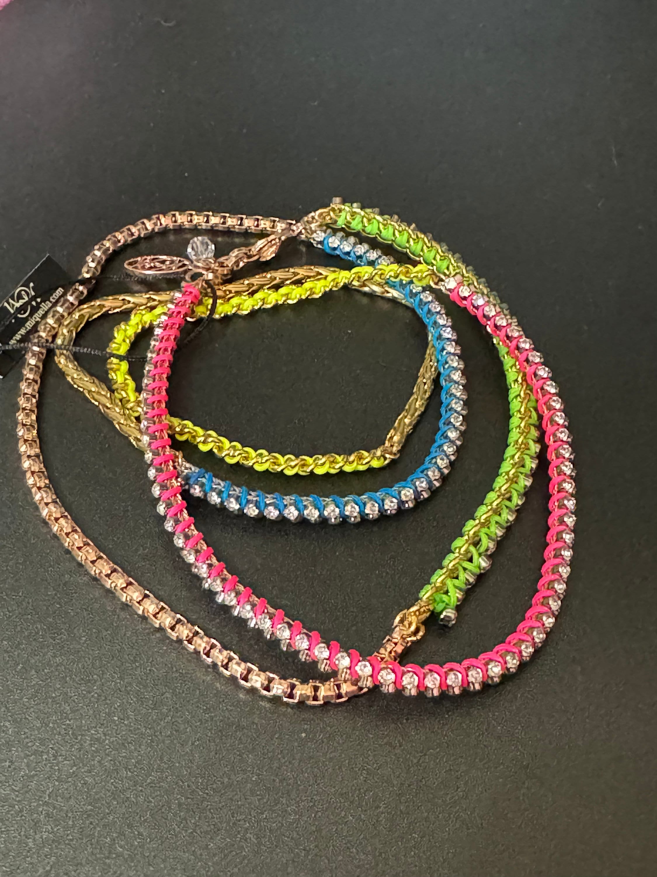 Retro Swarovski Crystal Necklace: Dayglo Silk Gold Tone Chain