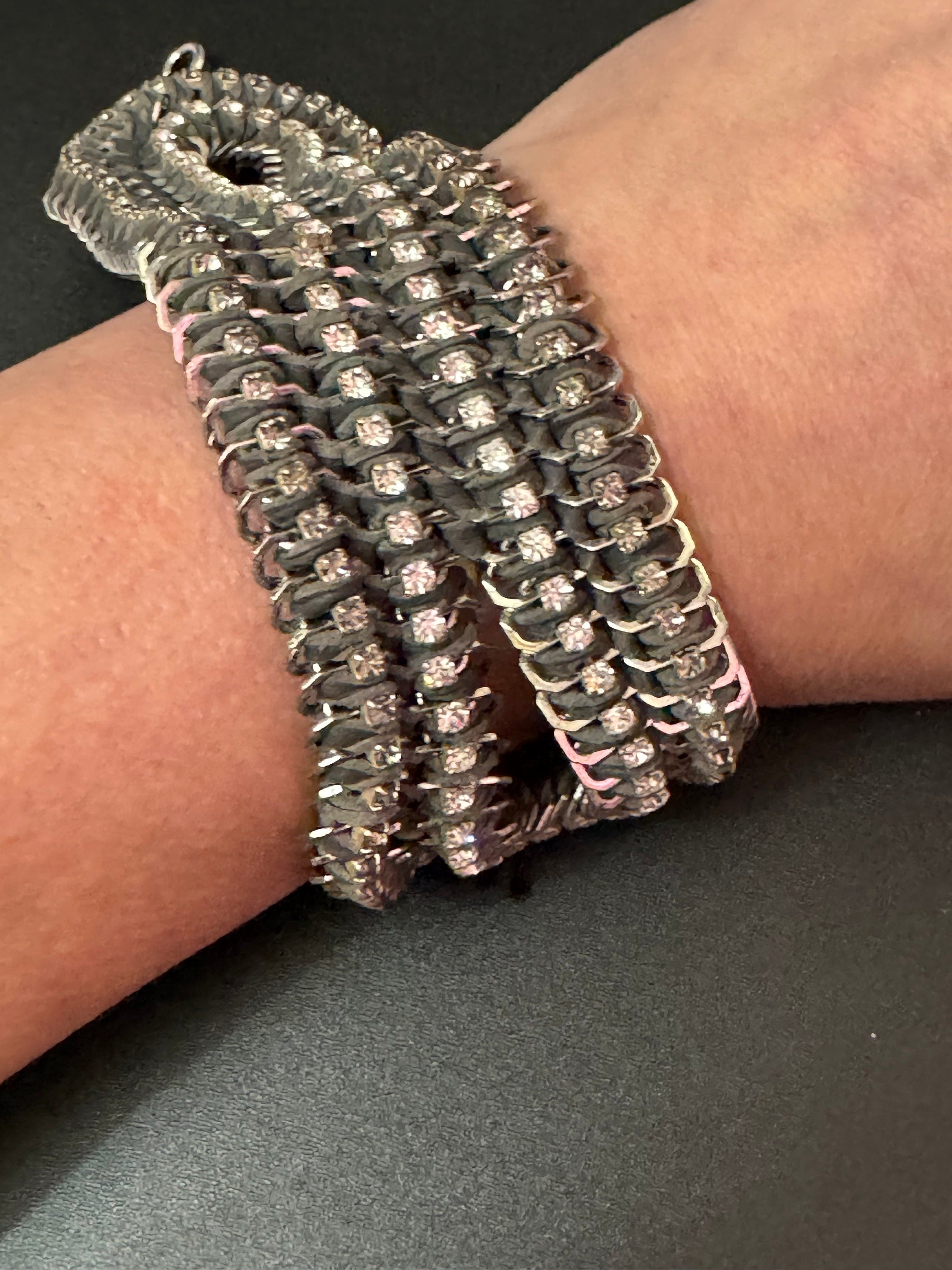 Retro grey & clear Swarovski Crystal diamanté and silk cord wide chunky cocktail bracelet designer